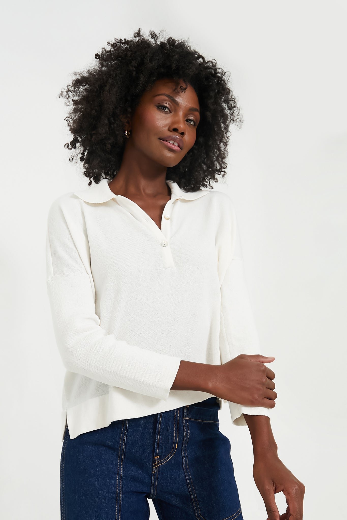 White Clayton Long Sleeve Knit Polo-Get Girly