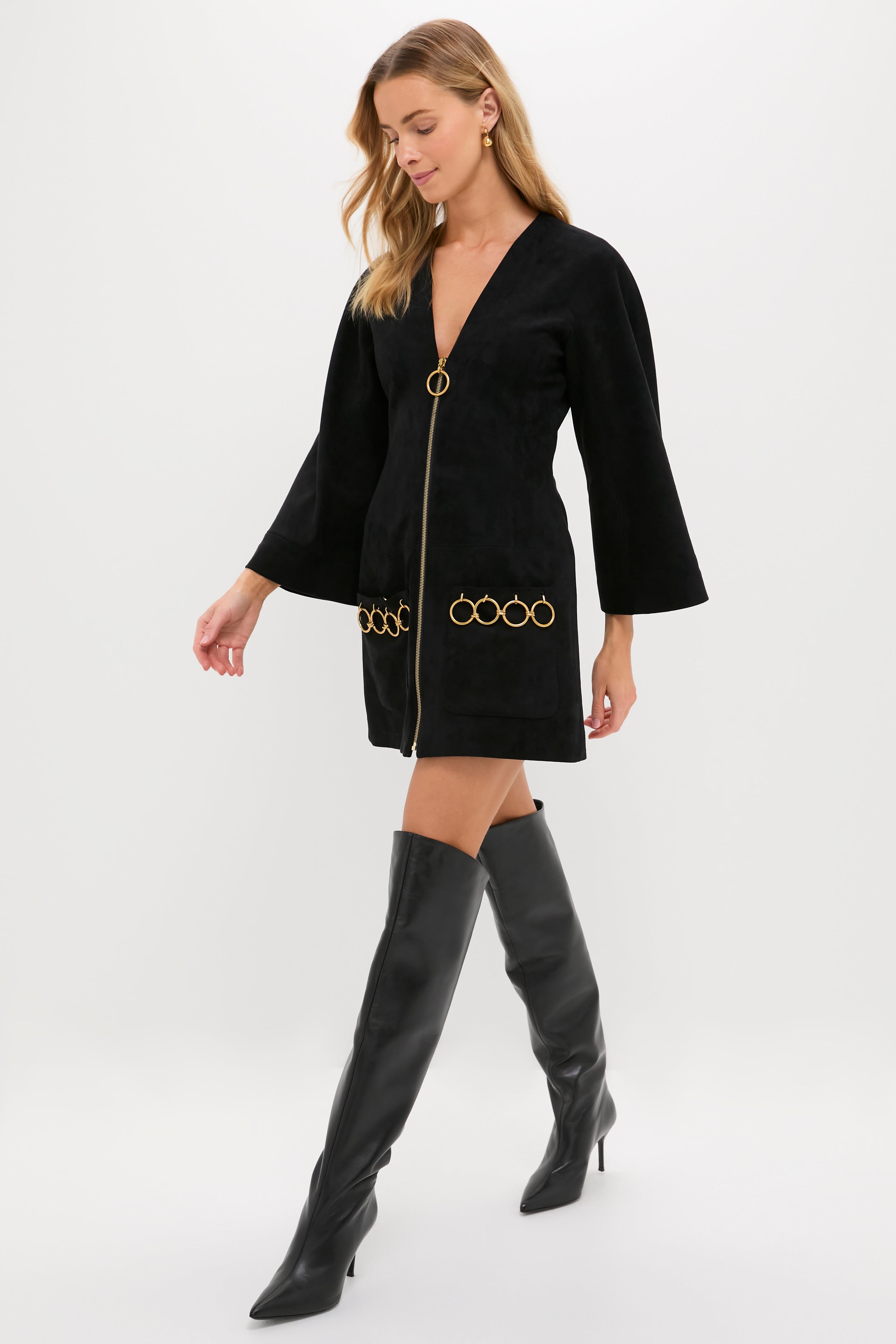 Black Anesa Suede Zip-Front Mini Dress-Get Girly