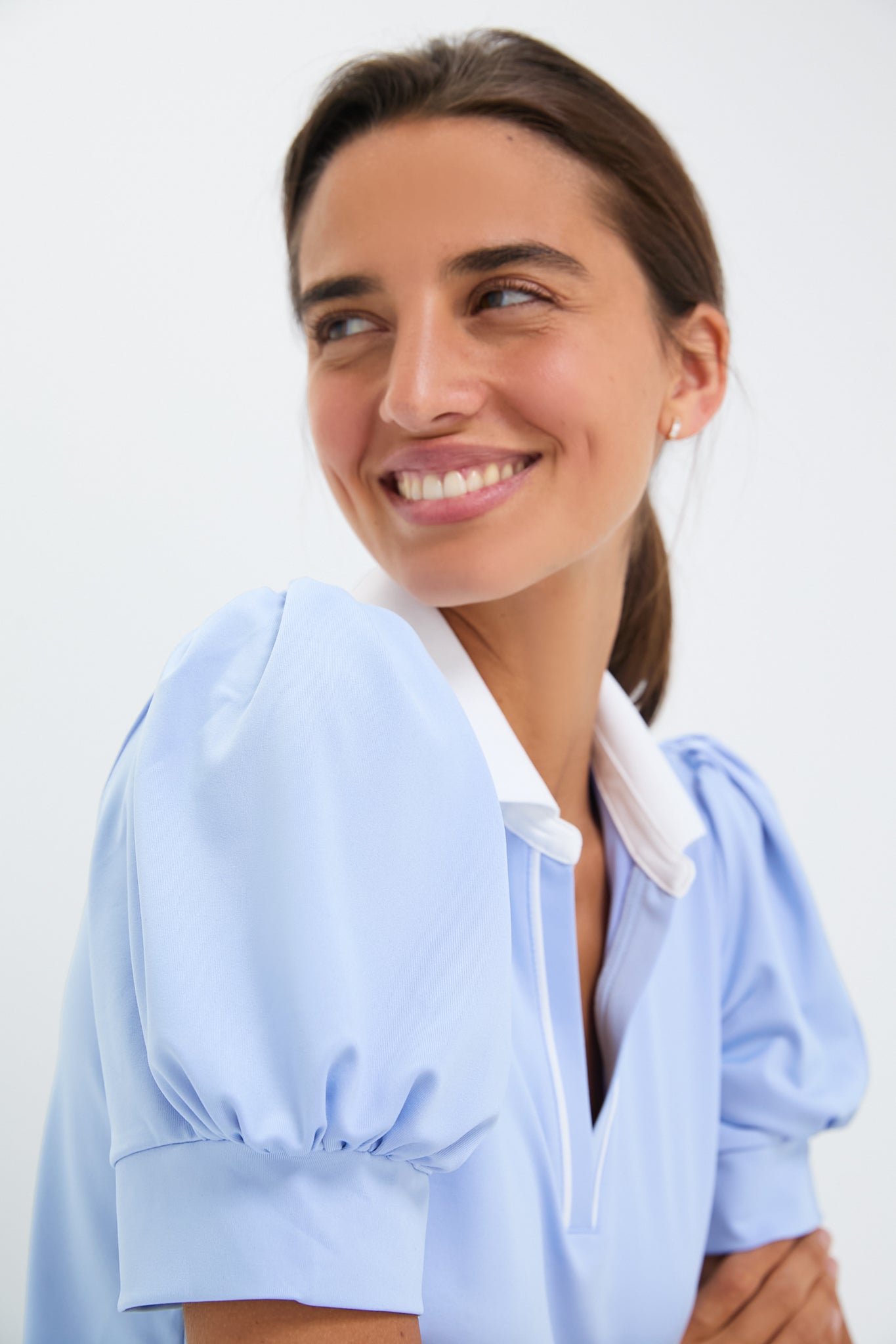 Light Blue Puff Sleeve Performance Jersey Caroline Polo-Get Girly