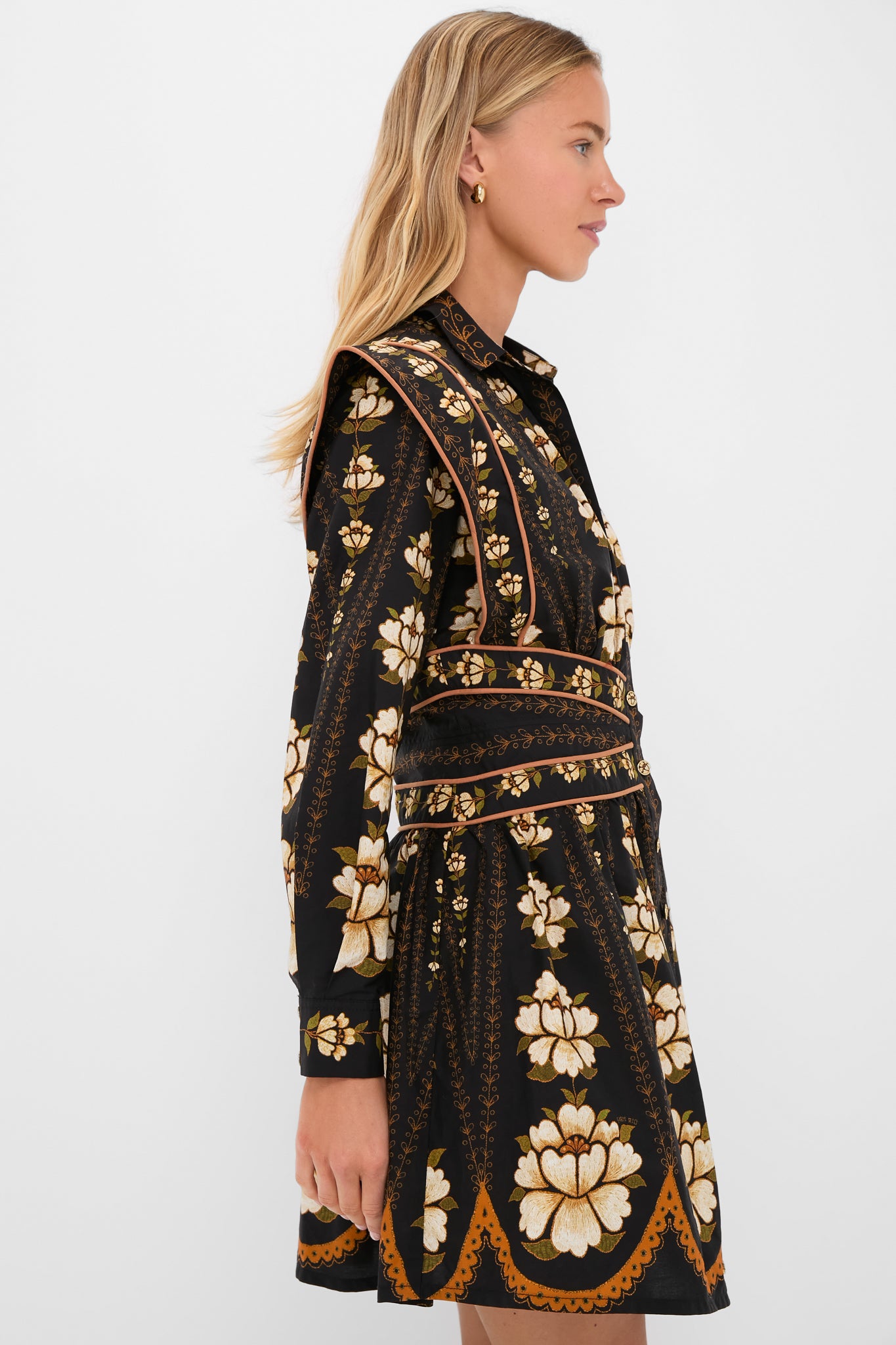 Black Embroidered Flowers Topstitching Long Sleeve Mini Dress-Get Girly