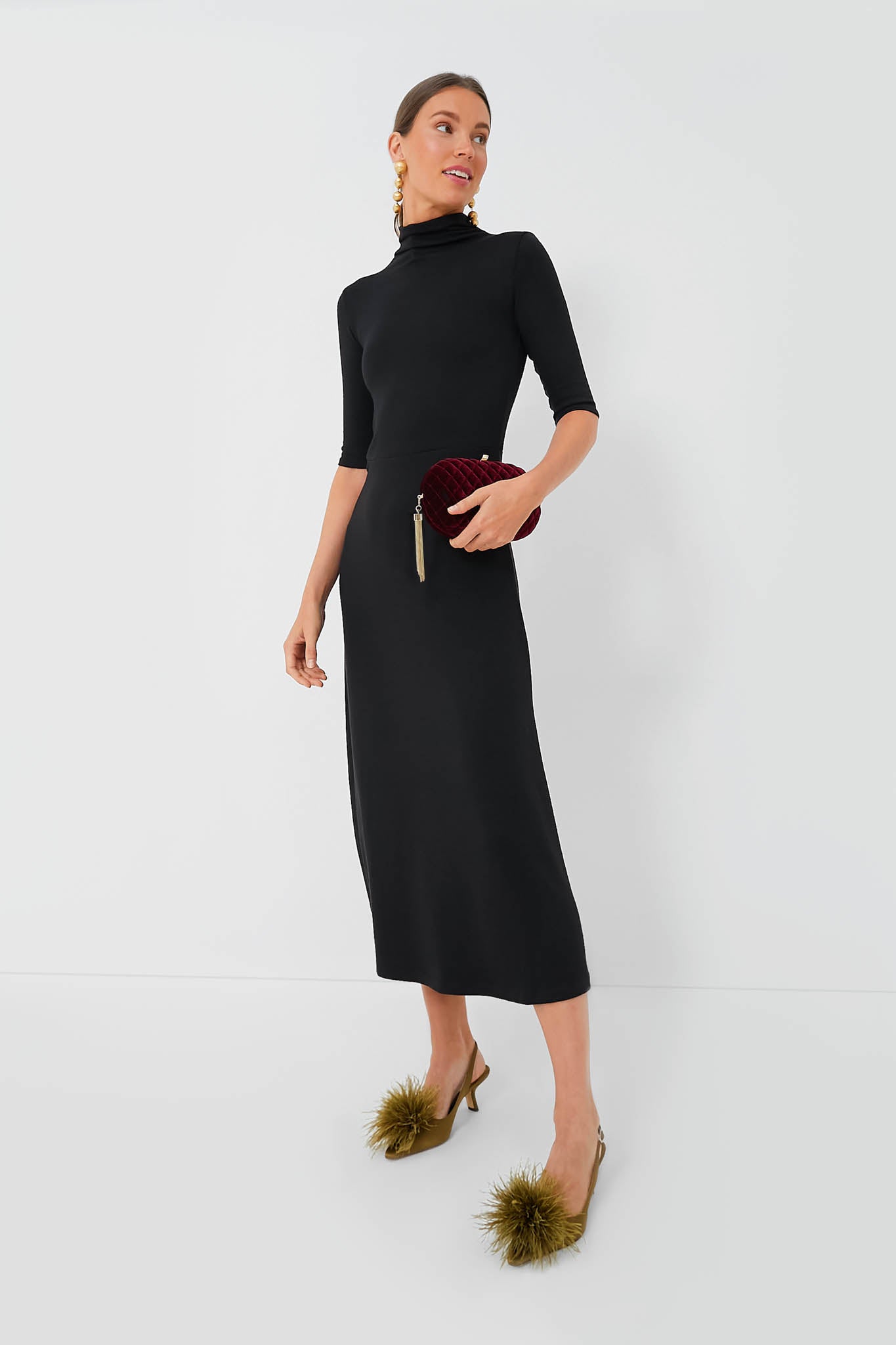 Black Elbow Sleeve Turtleneck Dress-Get Girly