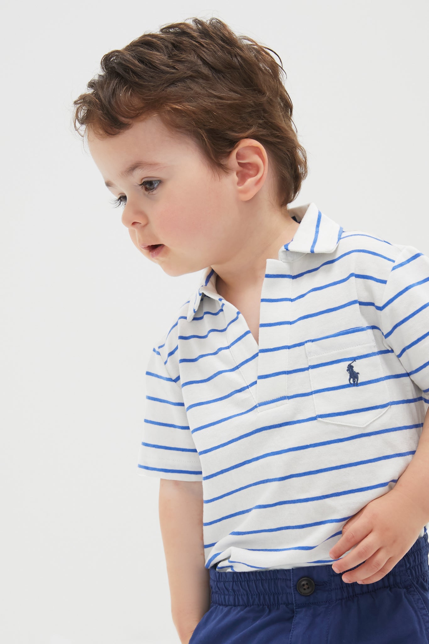 Little Boys White Short-Sleeve Cotton Linen Jersey Striped Johnny Collar Polo-Get Girly