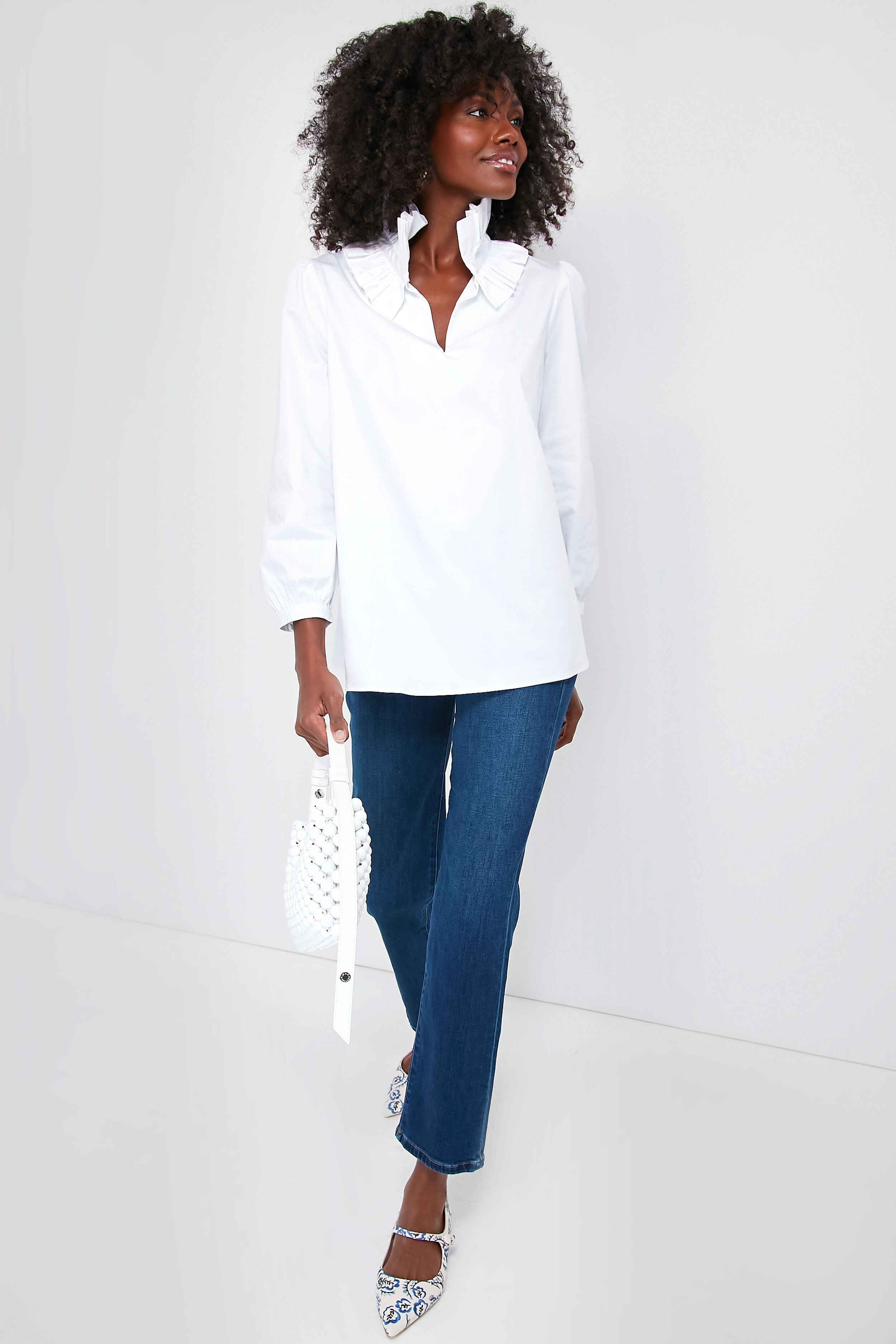 White Stretch Poplin Ruffle Neck Bouvier Blouse-Get Girly