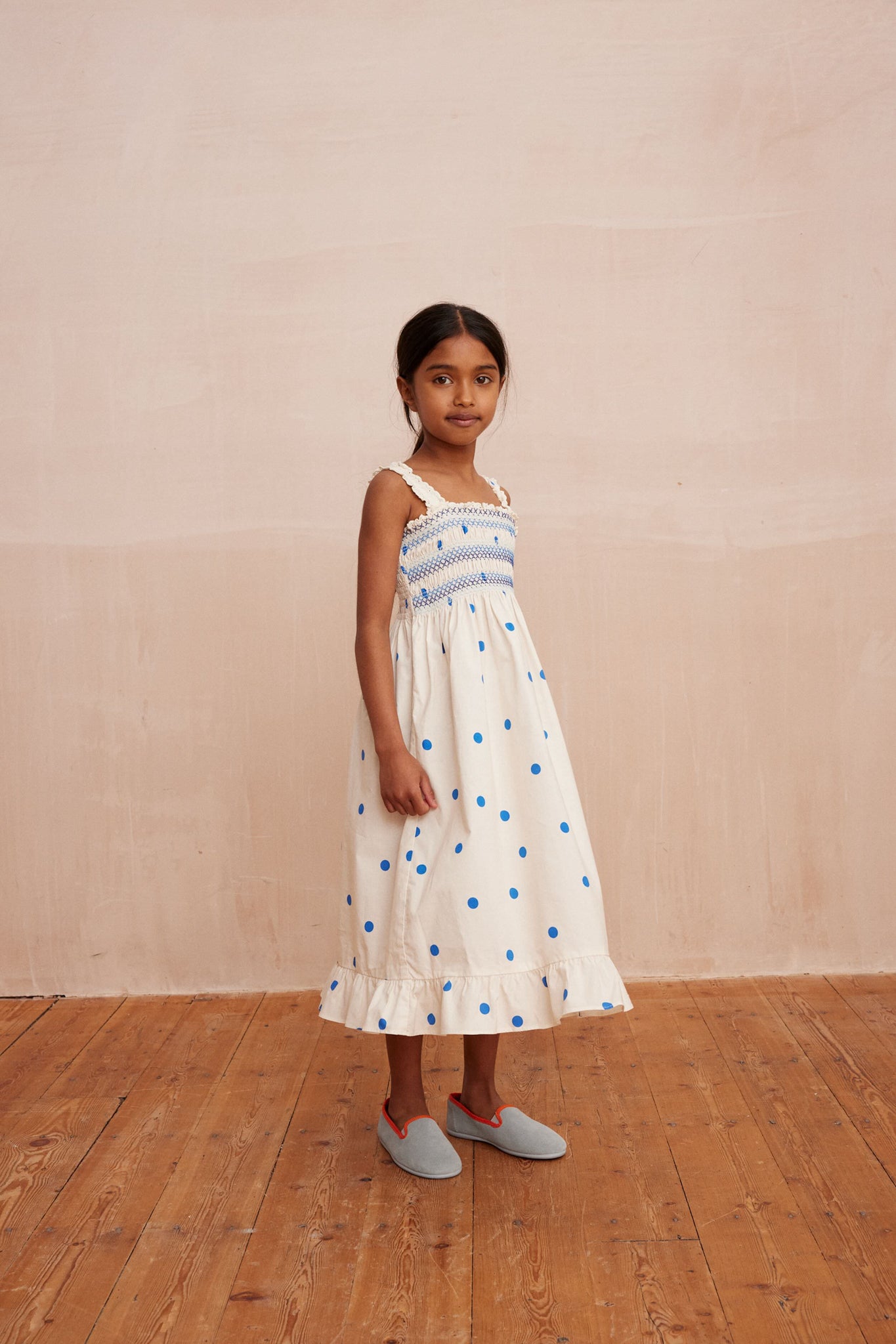 Zaza Smocked Dress Dots Blue-Get Girly