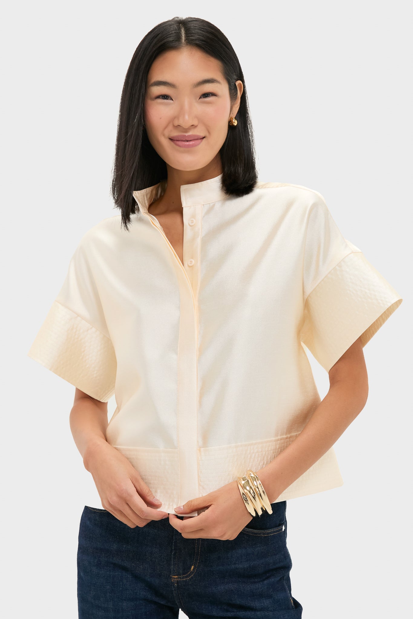 Winter White Dupioni Trapunto Stitch Sofia Shirt-Get Girly
