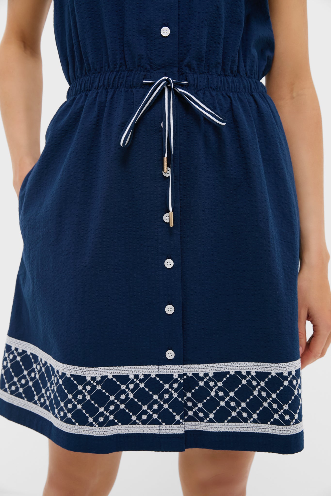 Navy and White Embroidered Sleeveless Performance Seersucker Alcott Golf Dress-Get Girly