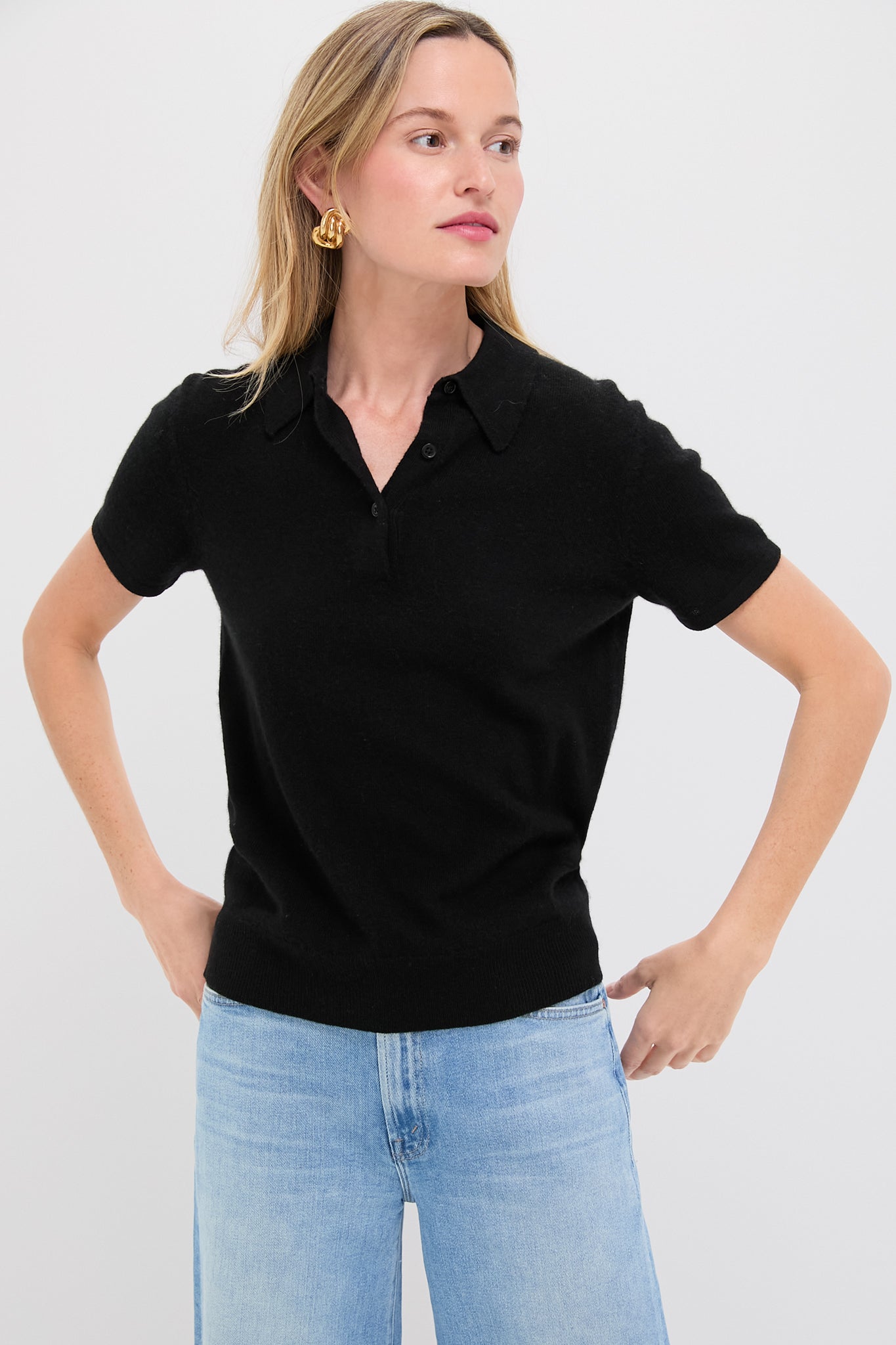 Black Cashmere Short Sleeve Polo-Get Girly