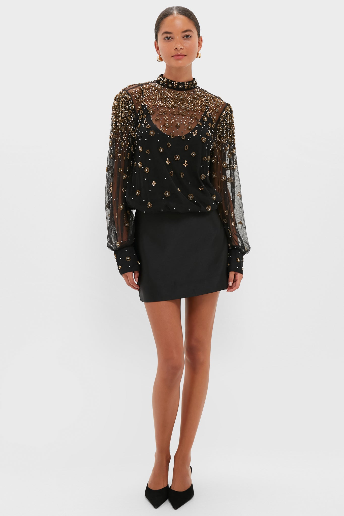 Black Embroidered Bubble Tulle Blouse-Get Girly