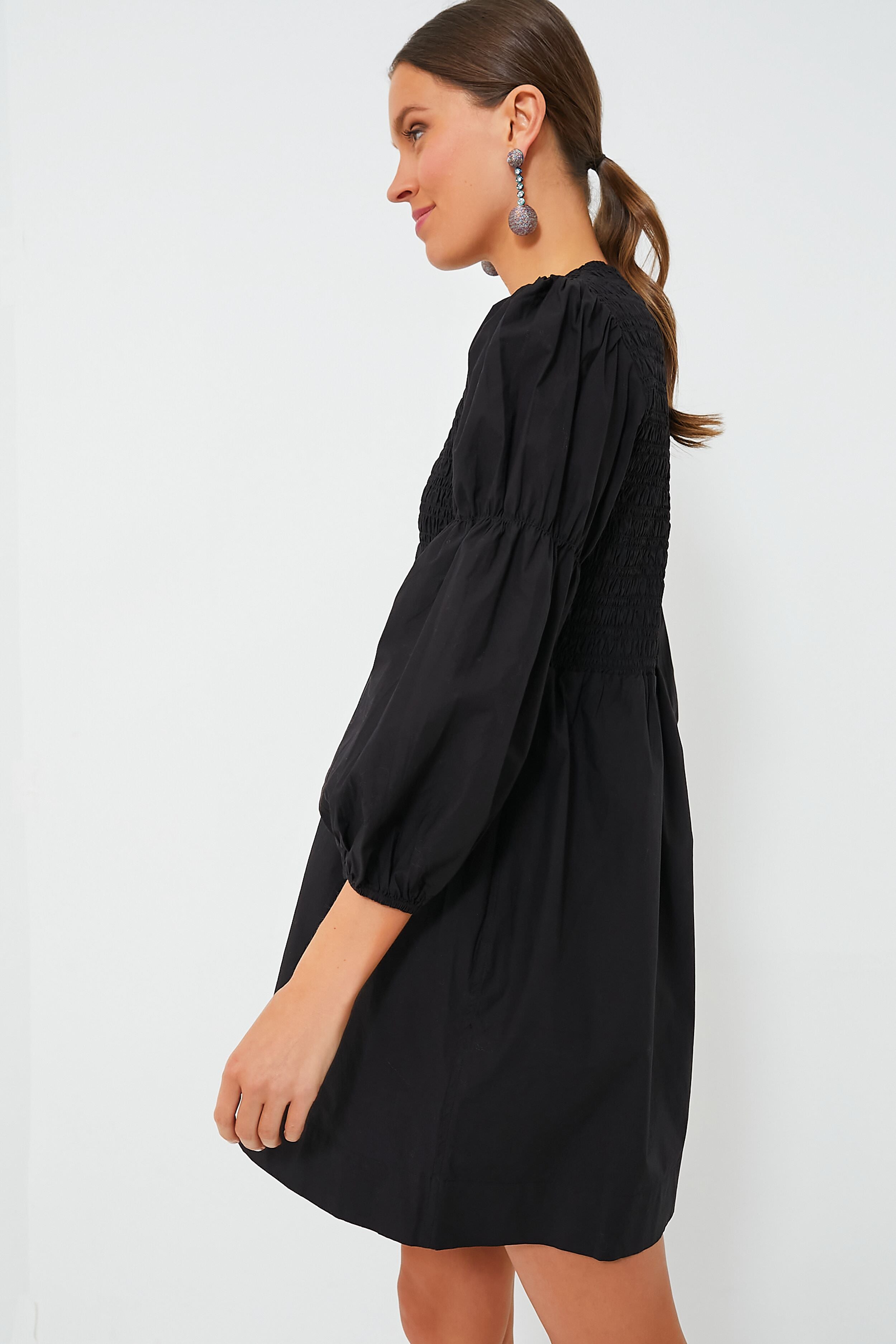 Black Cotton Poplin Mini Smock Dress-Get Girly
