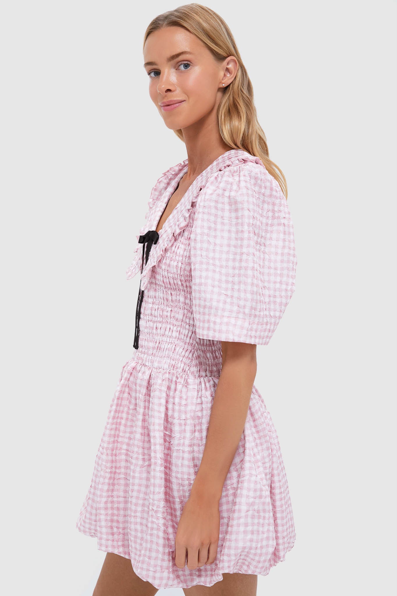 Bleached Mauve Shibori Pleat Mini Smock Bubble Dress-Get Girly