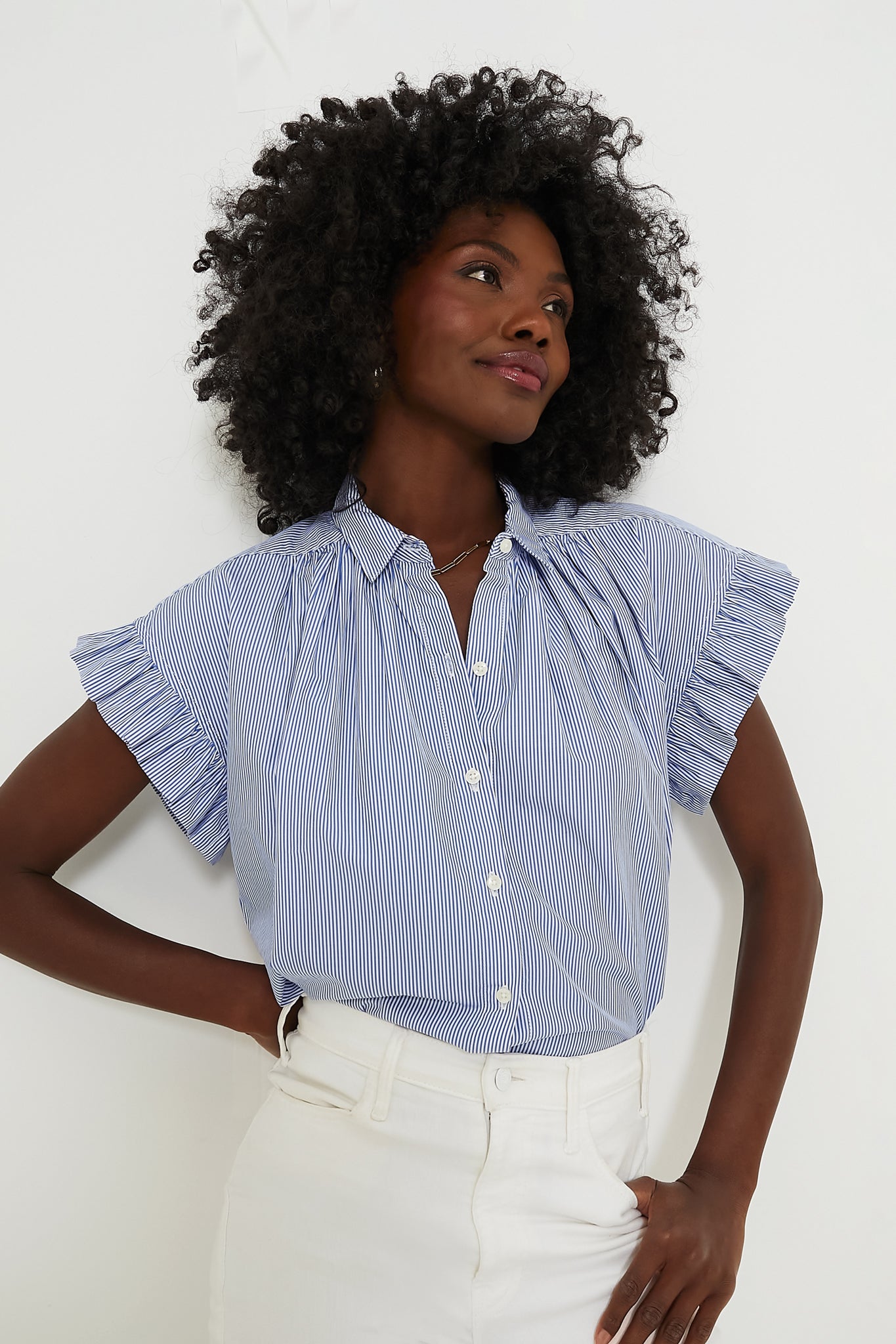 Blue and White Stripe Marianne B Ruffle Sleeve Shirt-Get Girly