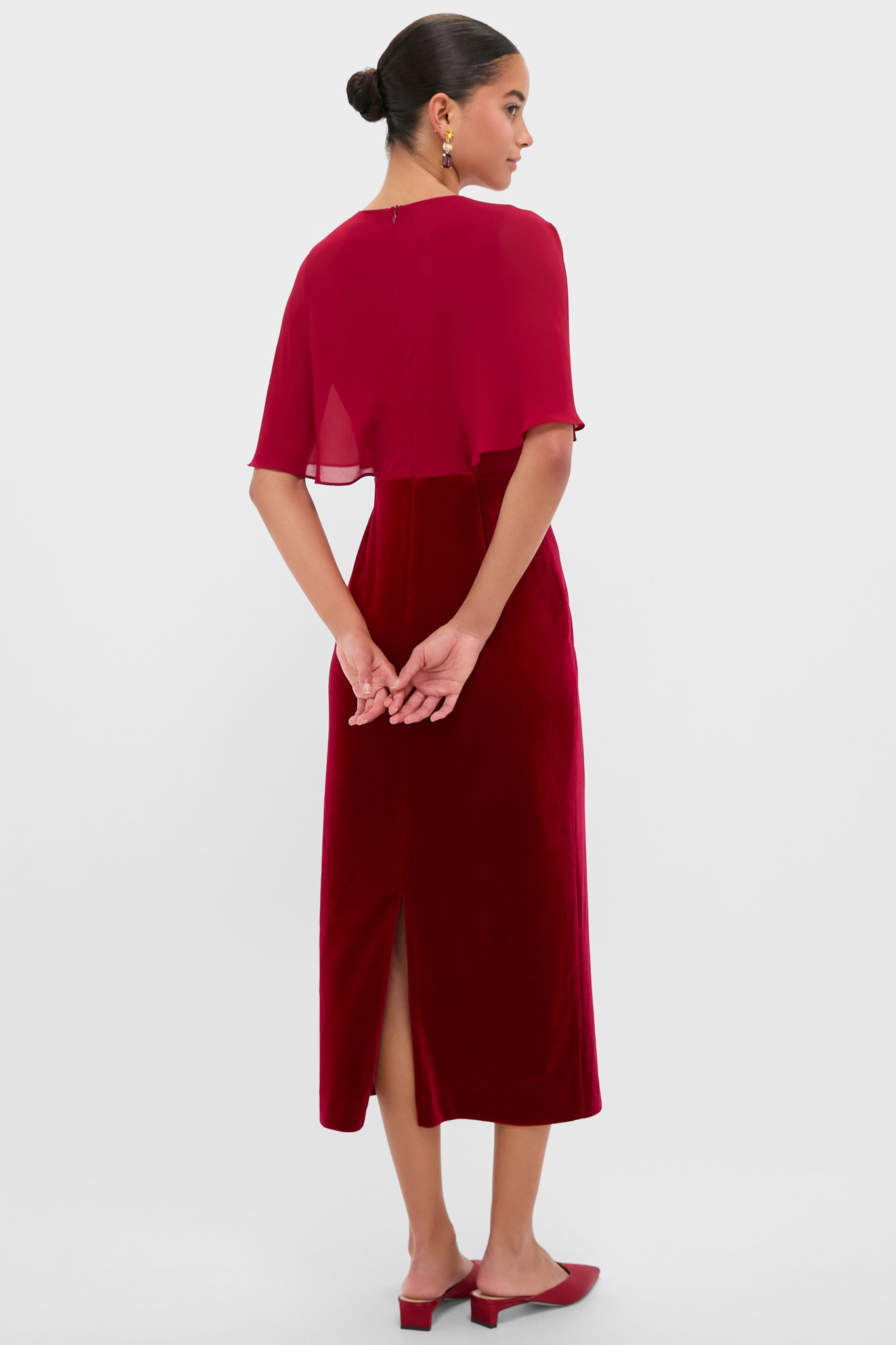 Cranberry Velvet Chiffon Mixed Media Cape Leah Dress-Get Girly