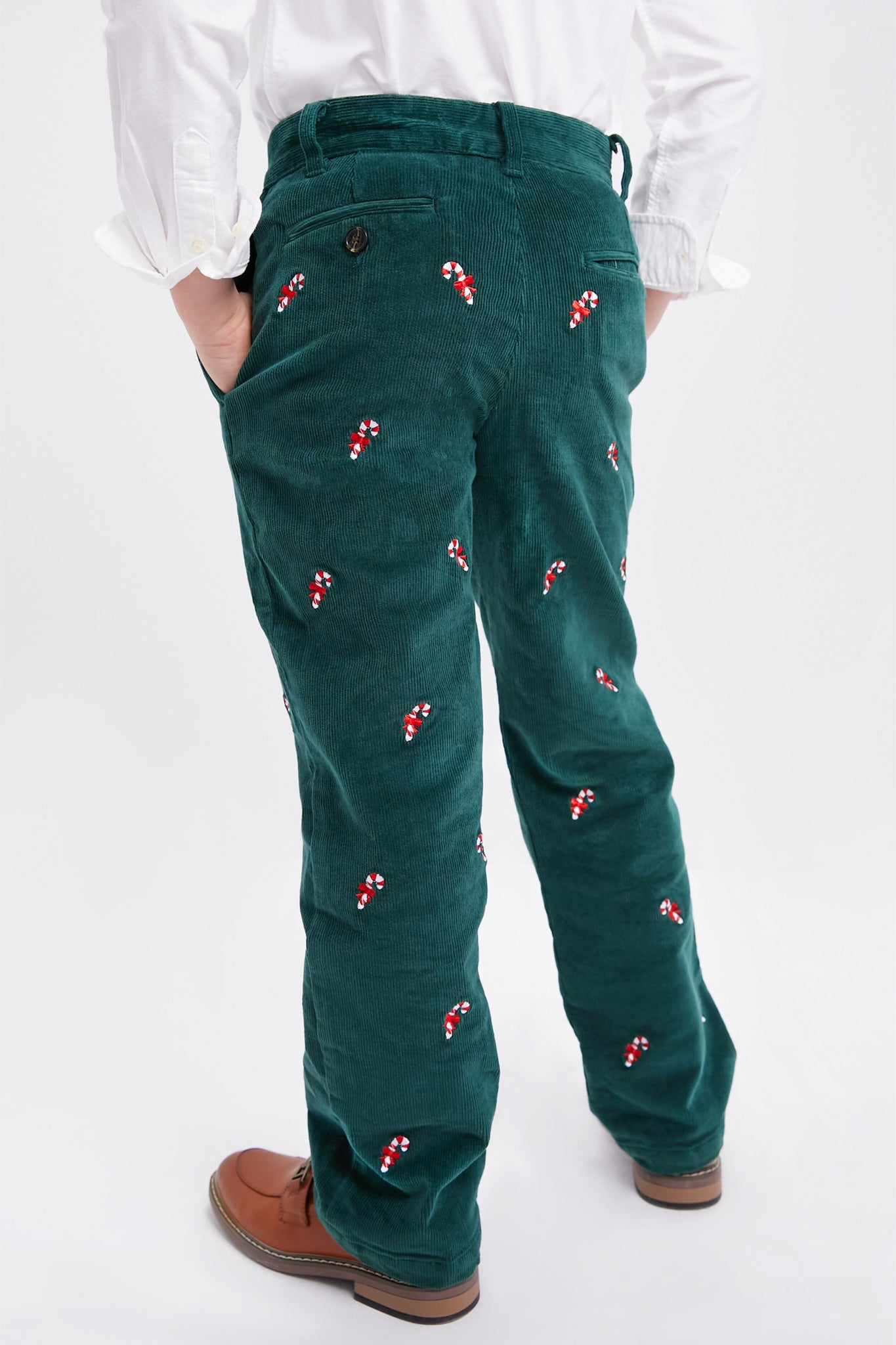 Hunter Green Candy Cane Embroidered Boys Corduroy Pants-Get Girly