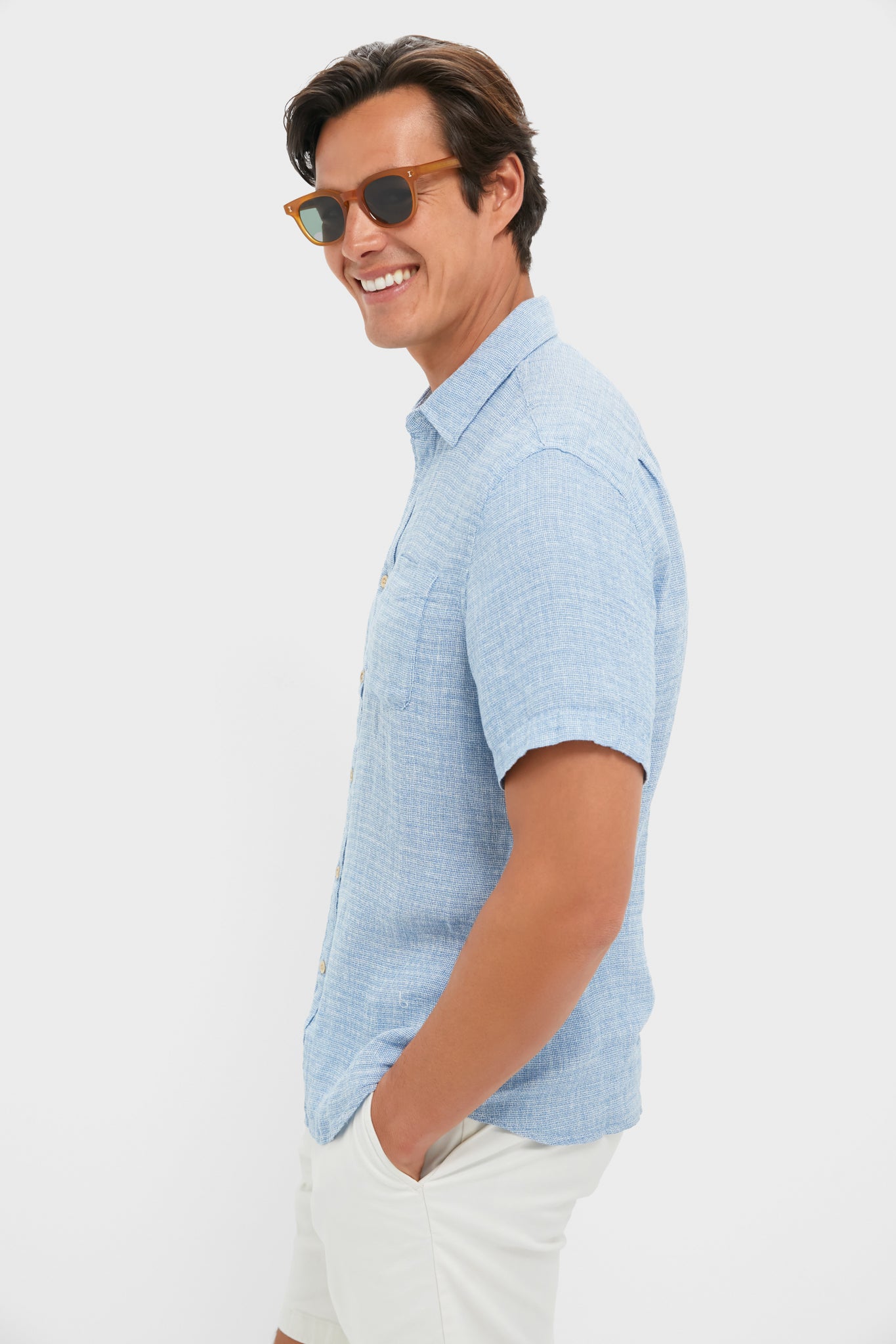 Blue Basketweave Palma Linen Shirt-Get Girly