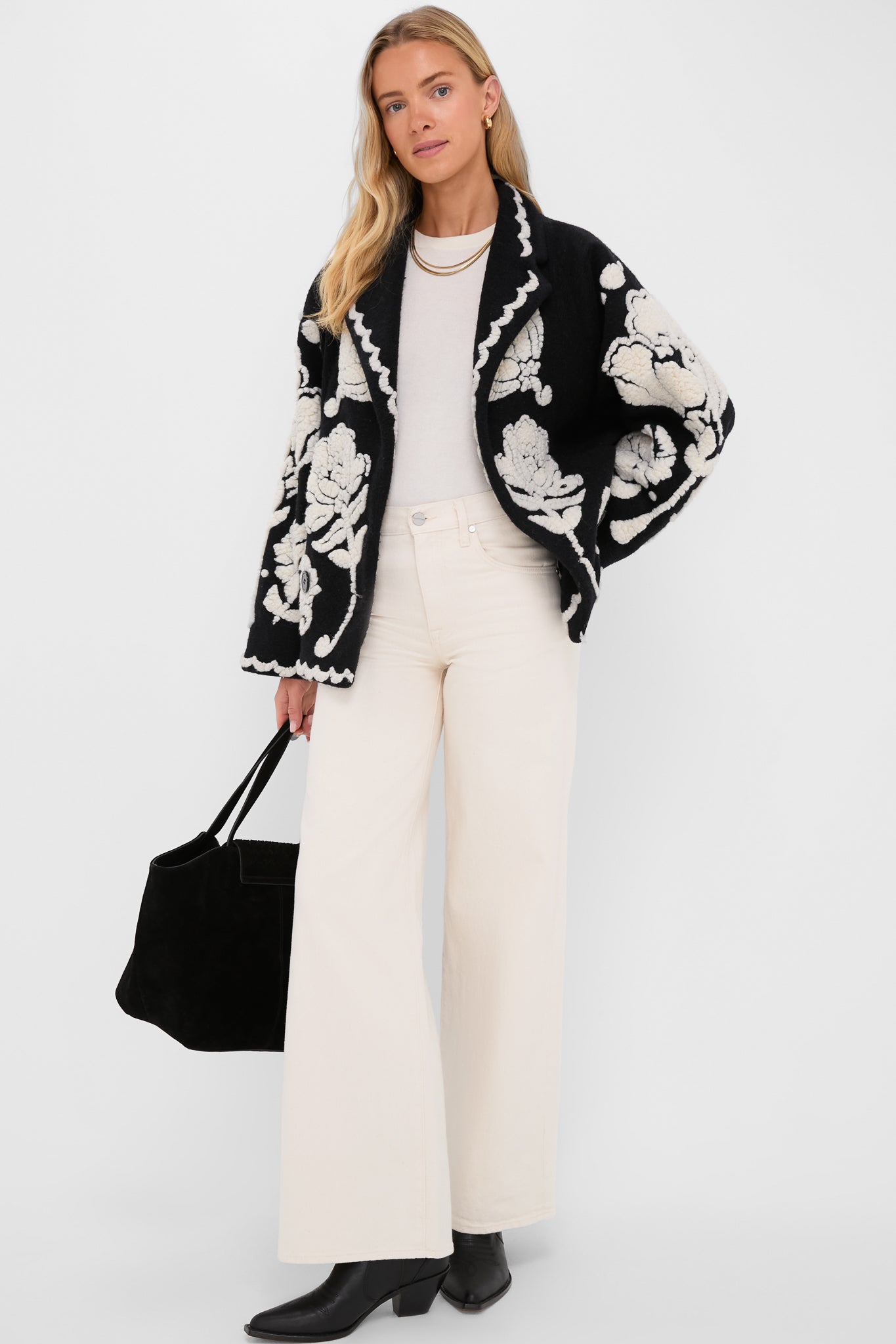 Black Cream Floral Arabesque Fleece Coat-Get Girly