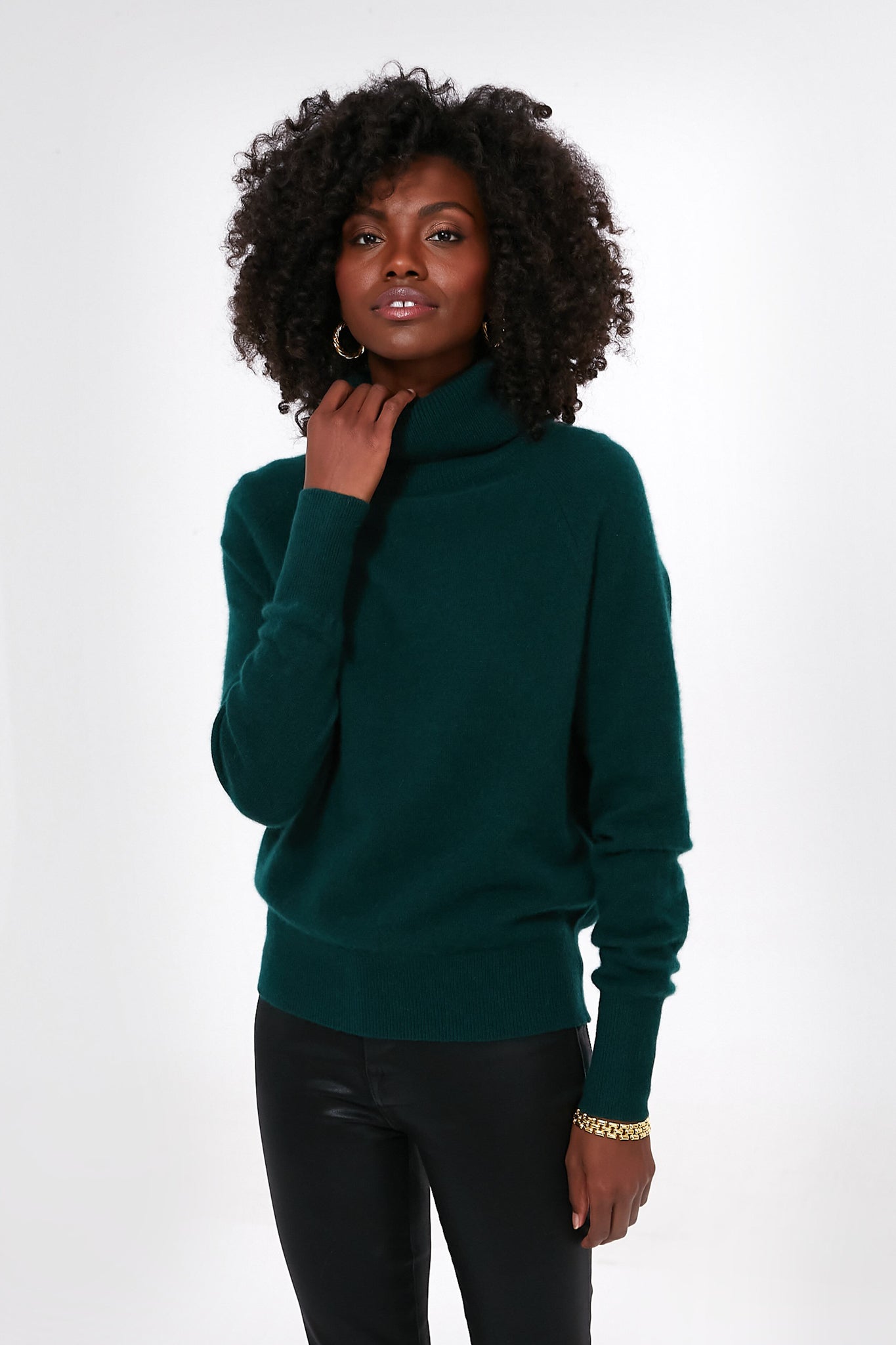 Cyprus Green Cashmere Ribbed Trim Turtleneck-Get Girly