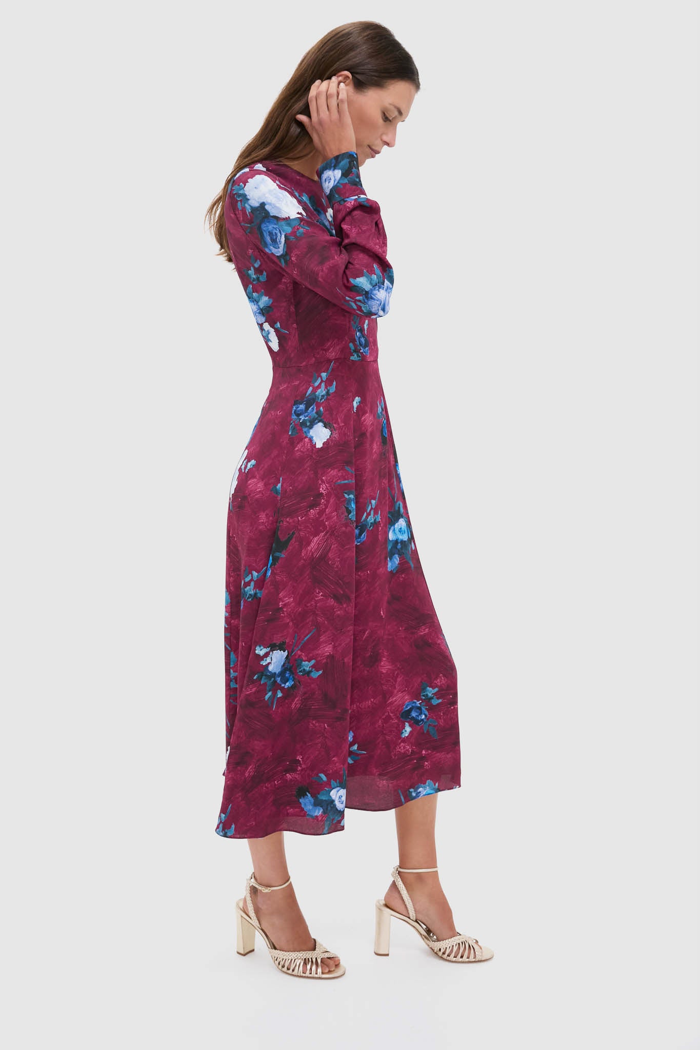 Abstract Rose Milberry Red Long Sleeve Midi Dress-Get Girly