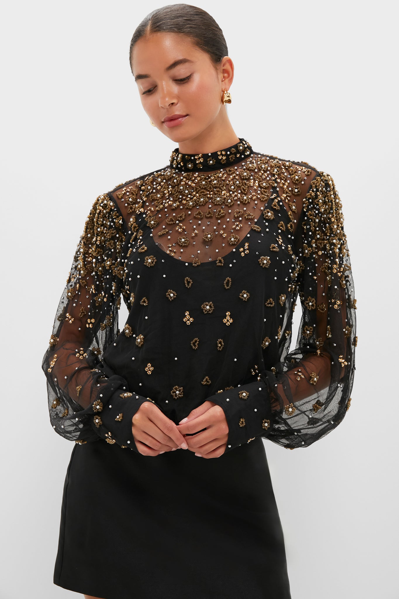 Black Embroidered Bubble Tulle Blouse-Get Girly