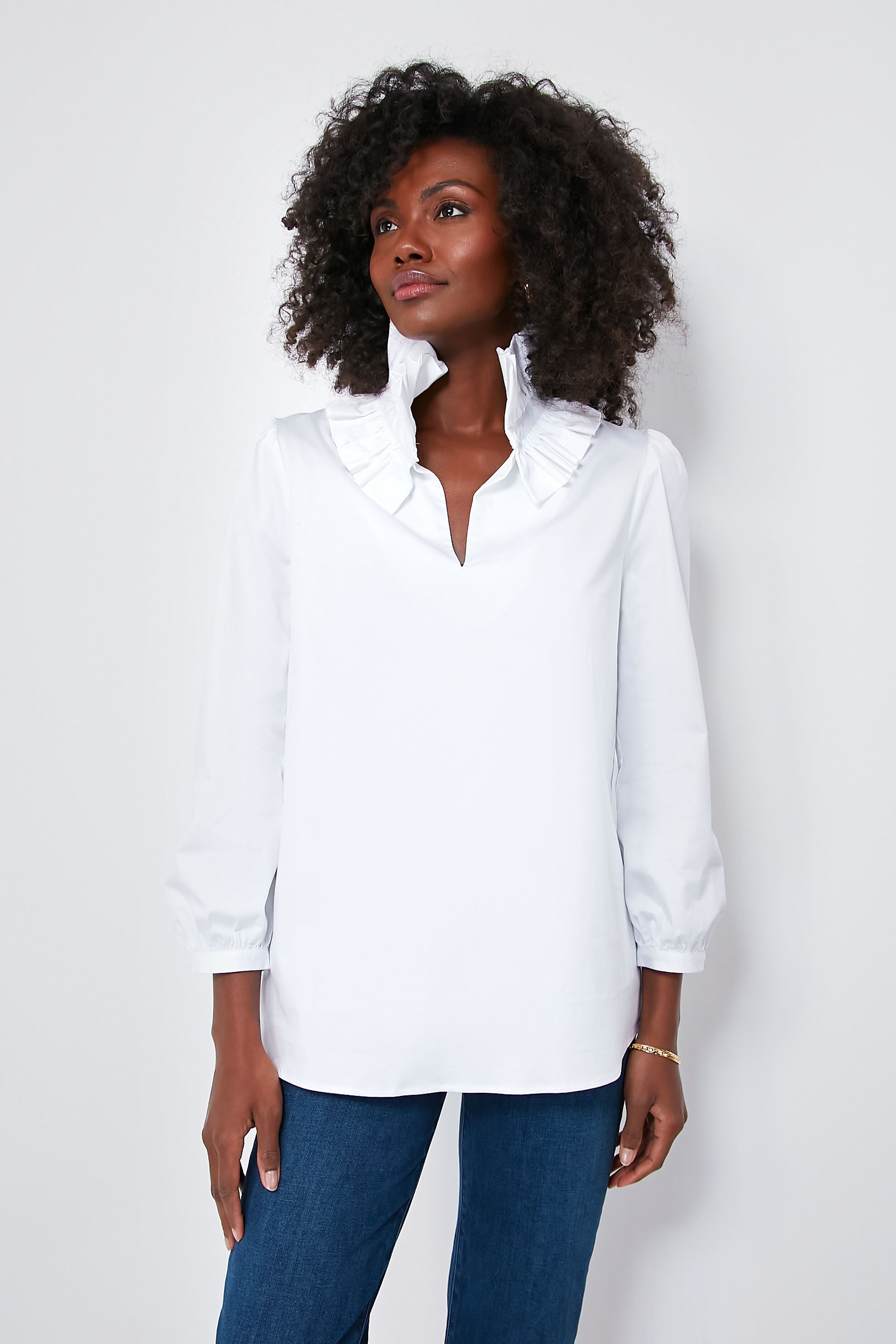 White Stretch Poplin Ruffle Neck Bouvier Blouse-Get Girly