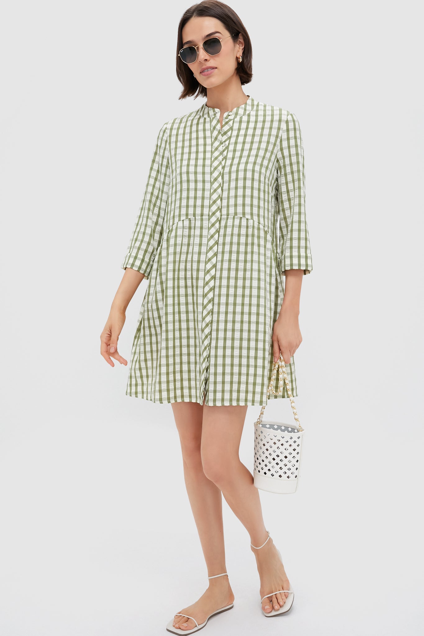 Sage Seersucker Gingham Royal Shirt Dress-Get Girly