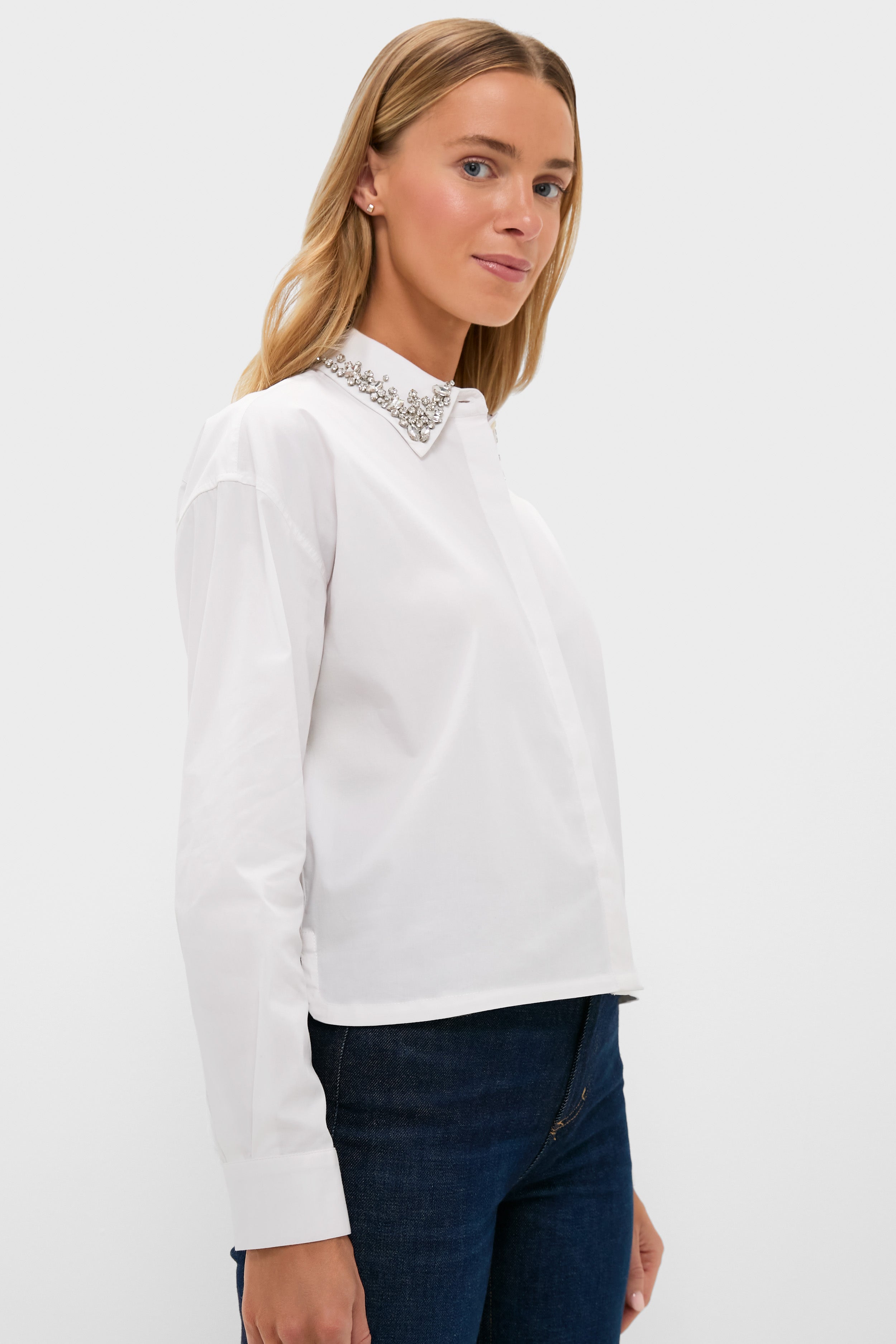 White Embellished Cropped Jasper Button Down-Get Girly