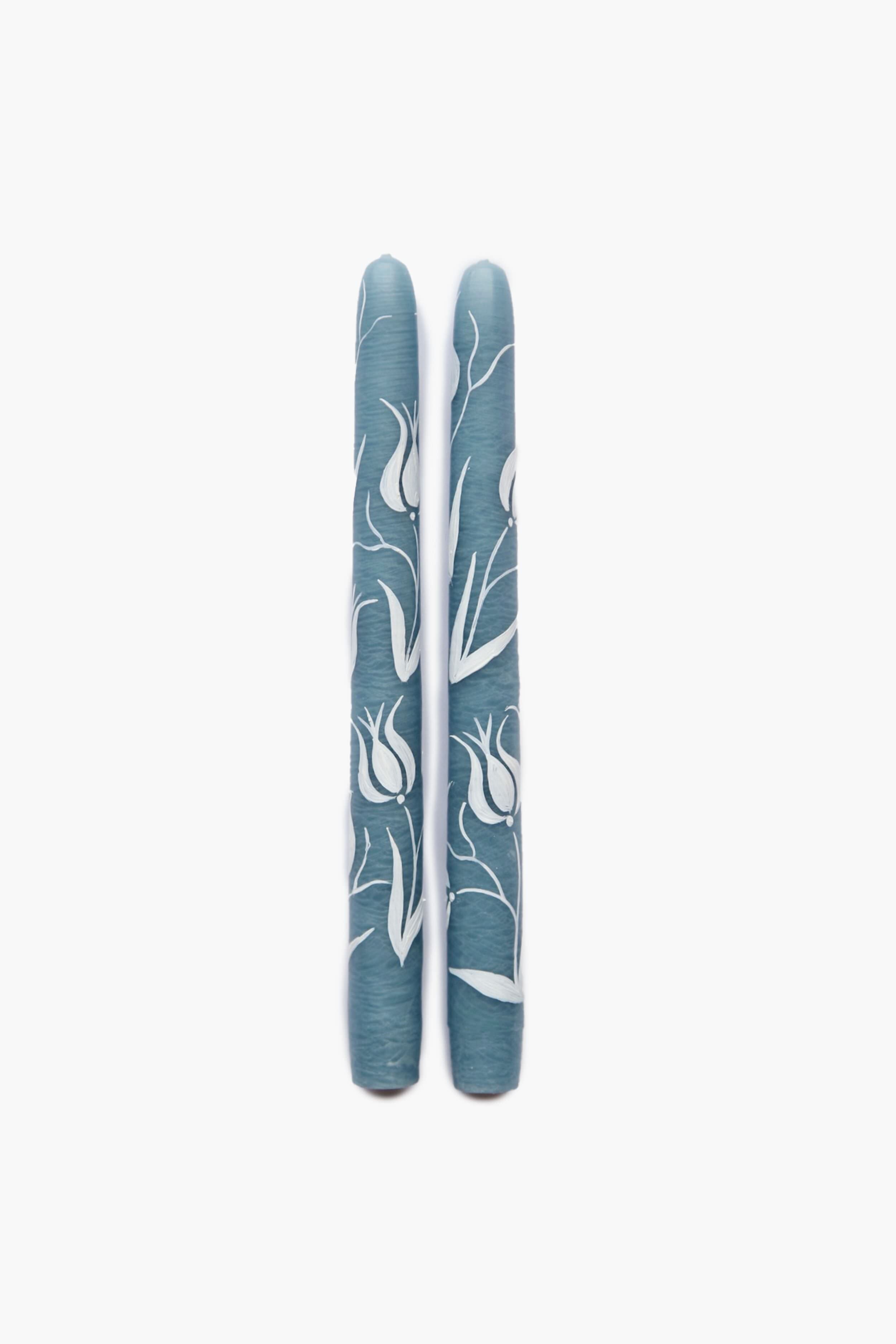 Blue Tulip Hand Painted Taper Candles (Set of 2)-Get Girly