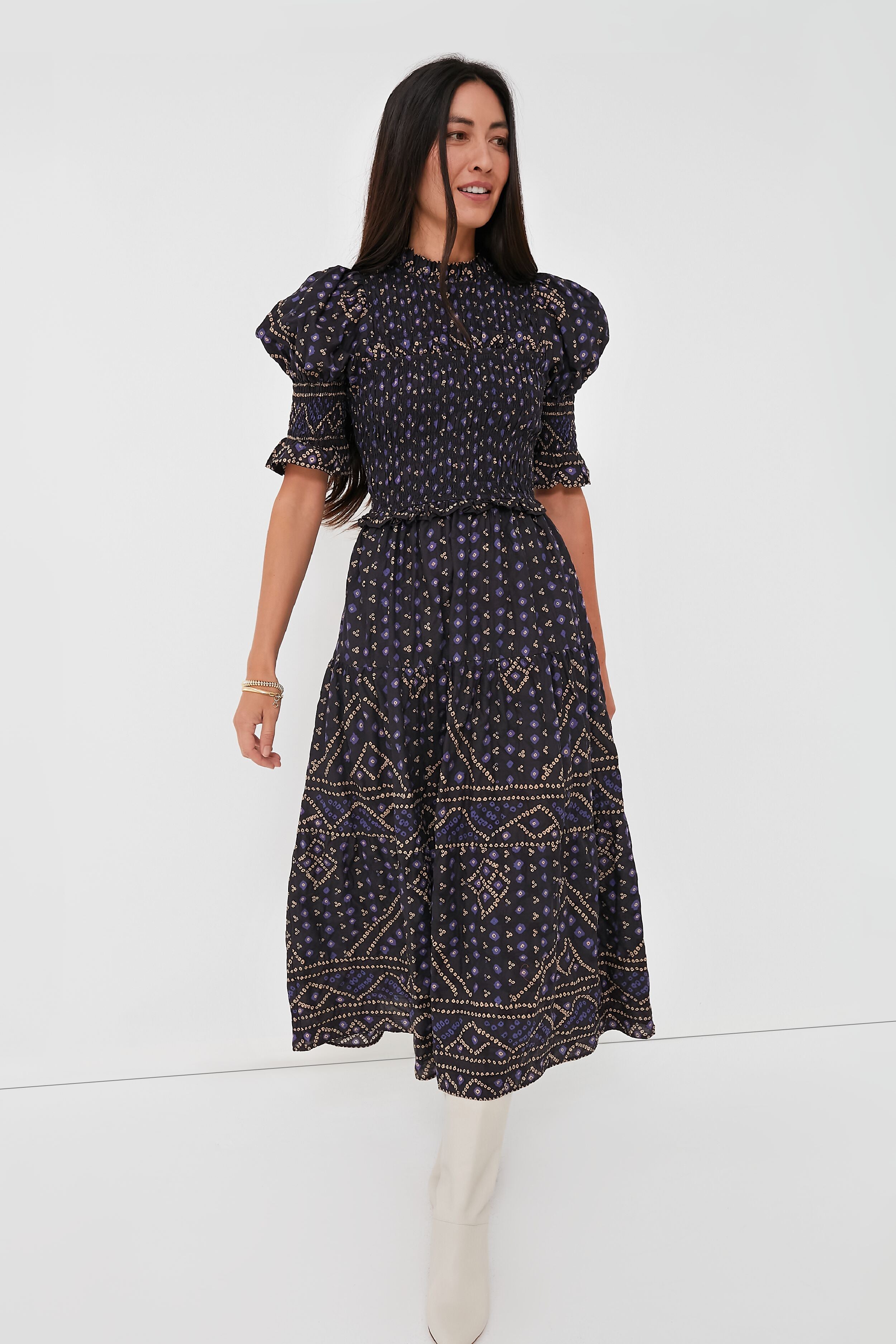 Blue Delphine Pucker Cotton Puff Sleeve Smocked Dress-Get Girly