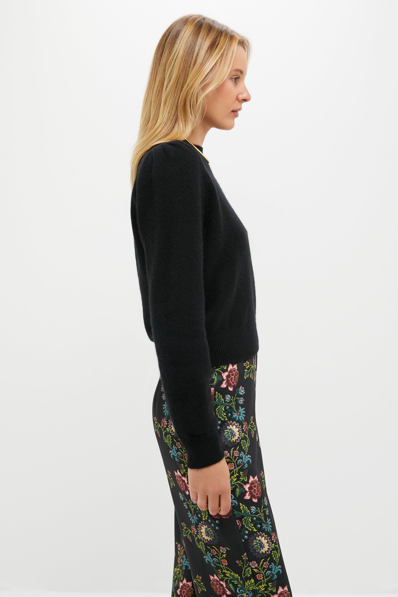 Black Cashmere Puff Sleeve Macy Crewneck Sweater-Get Girly