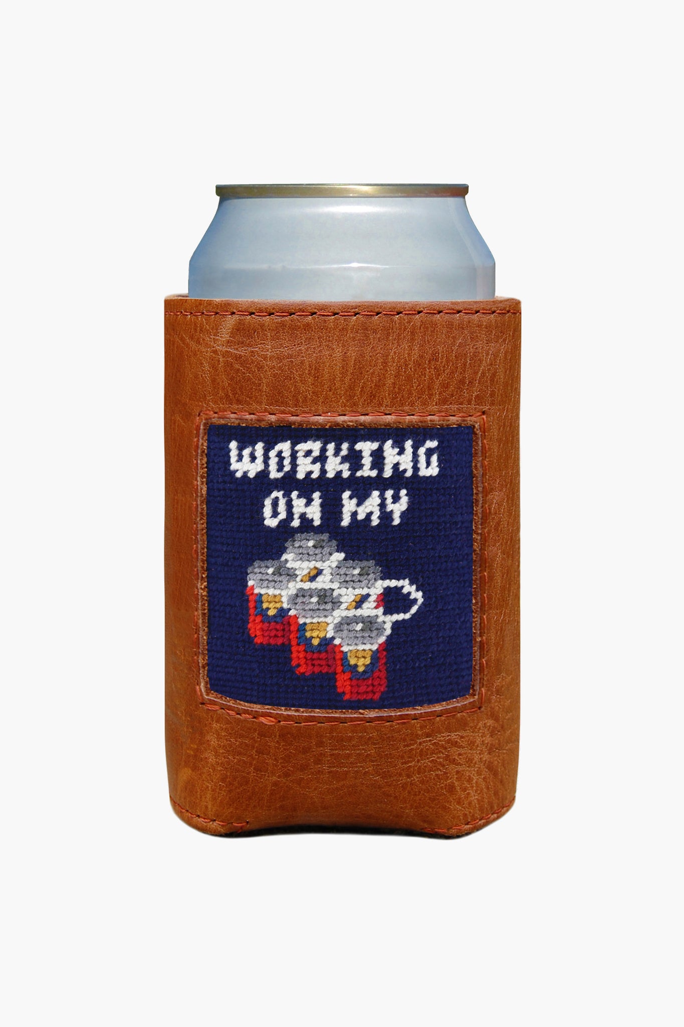 Working On My Six Pack Needlepoint Can Cooler-Get Girly