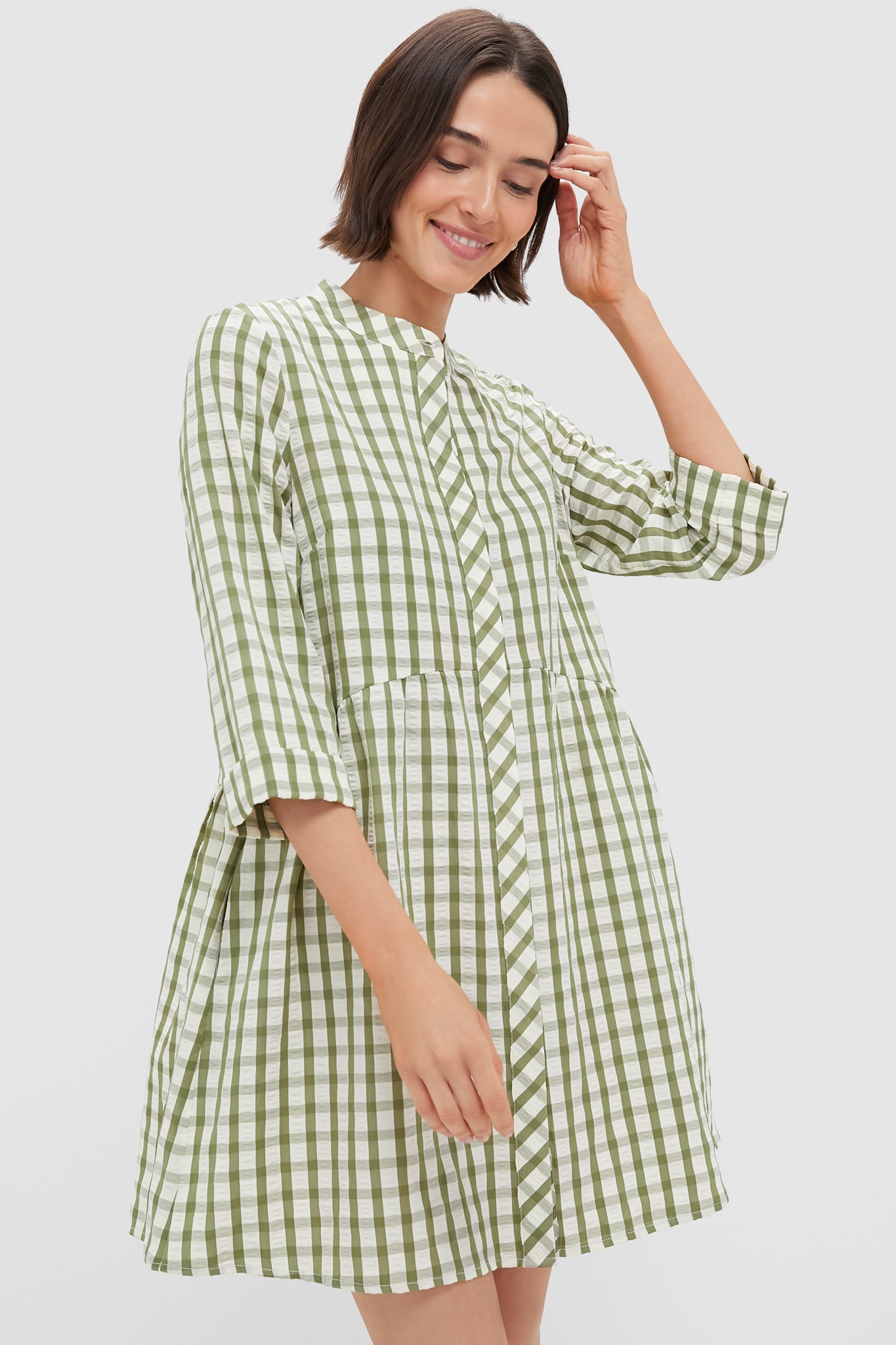 Sage Seersucker Gingham Royal Shirt Dress-Get Girly