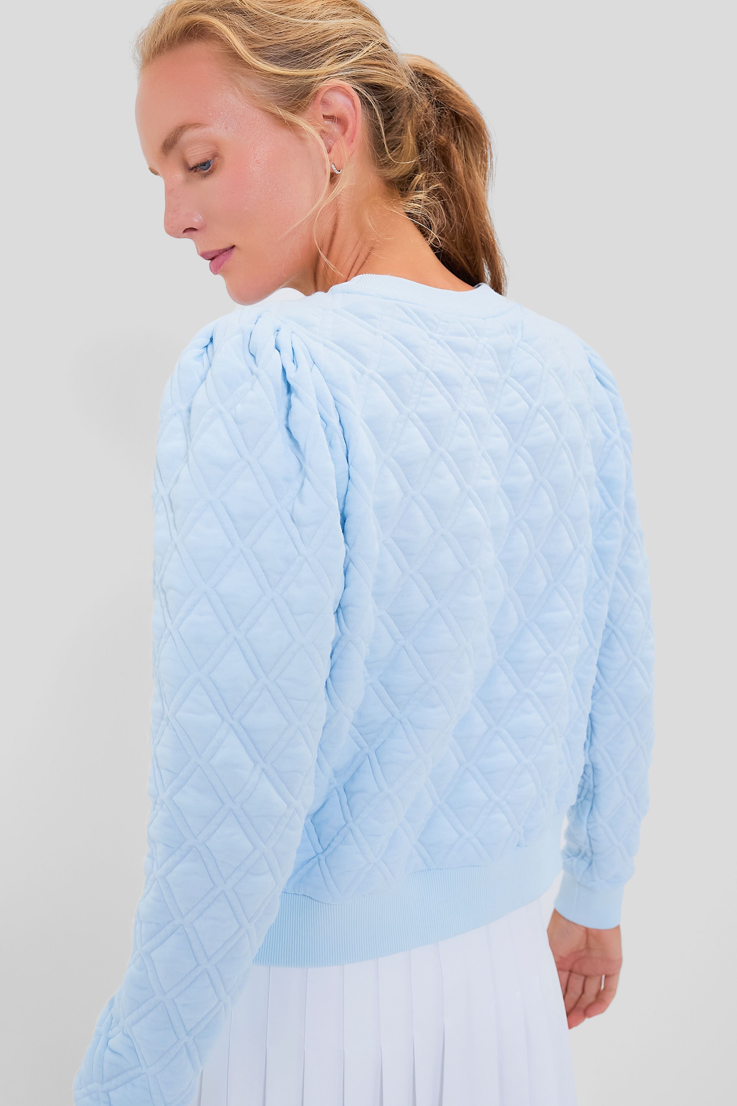 Light Blue Puff Sleeve Quilted Stretch Campbell Pullover-Get Girly