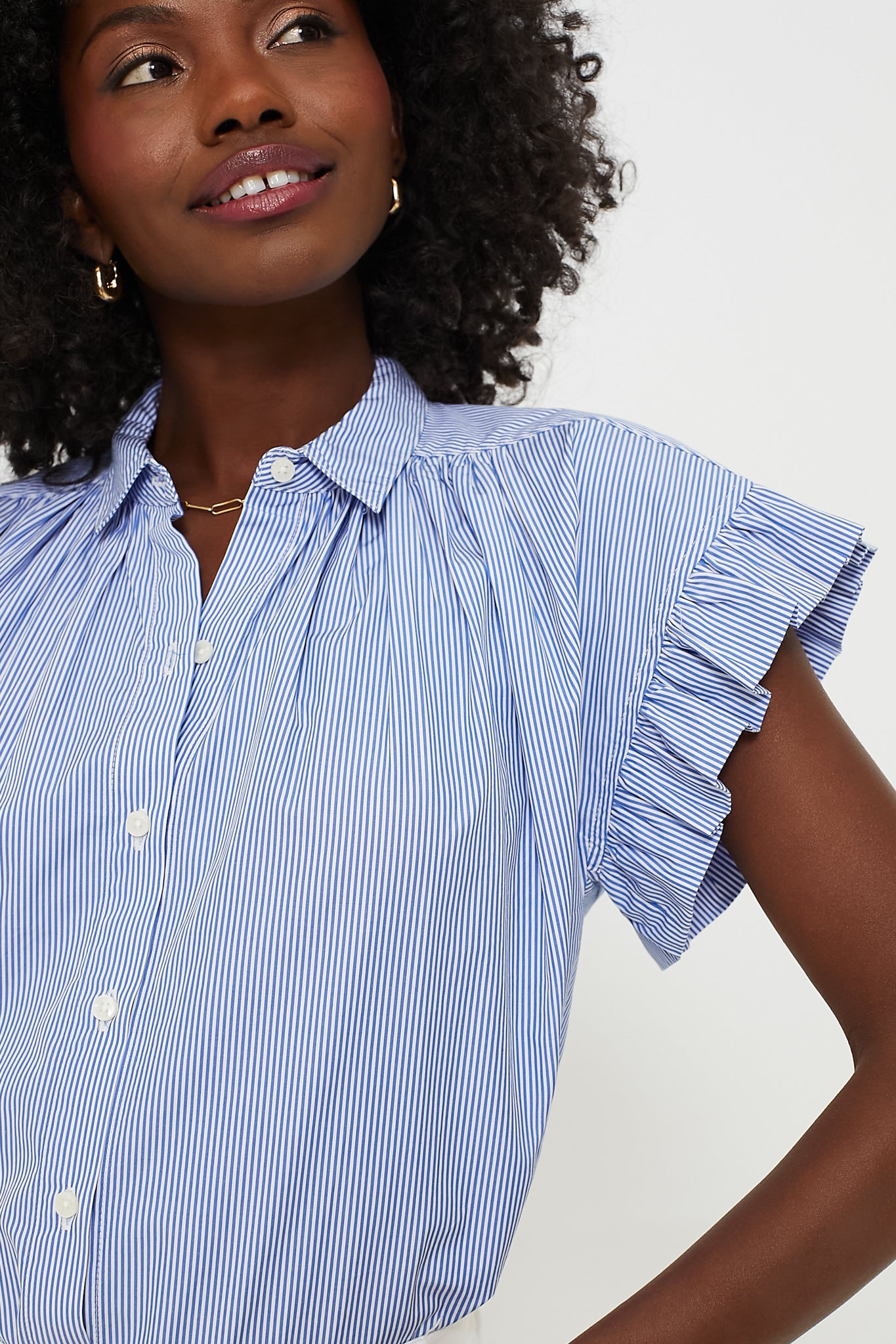 Blue and White Stripe Marianne B Ruffle Sleeve Shirt-Get Girly