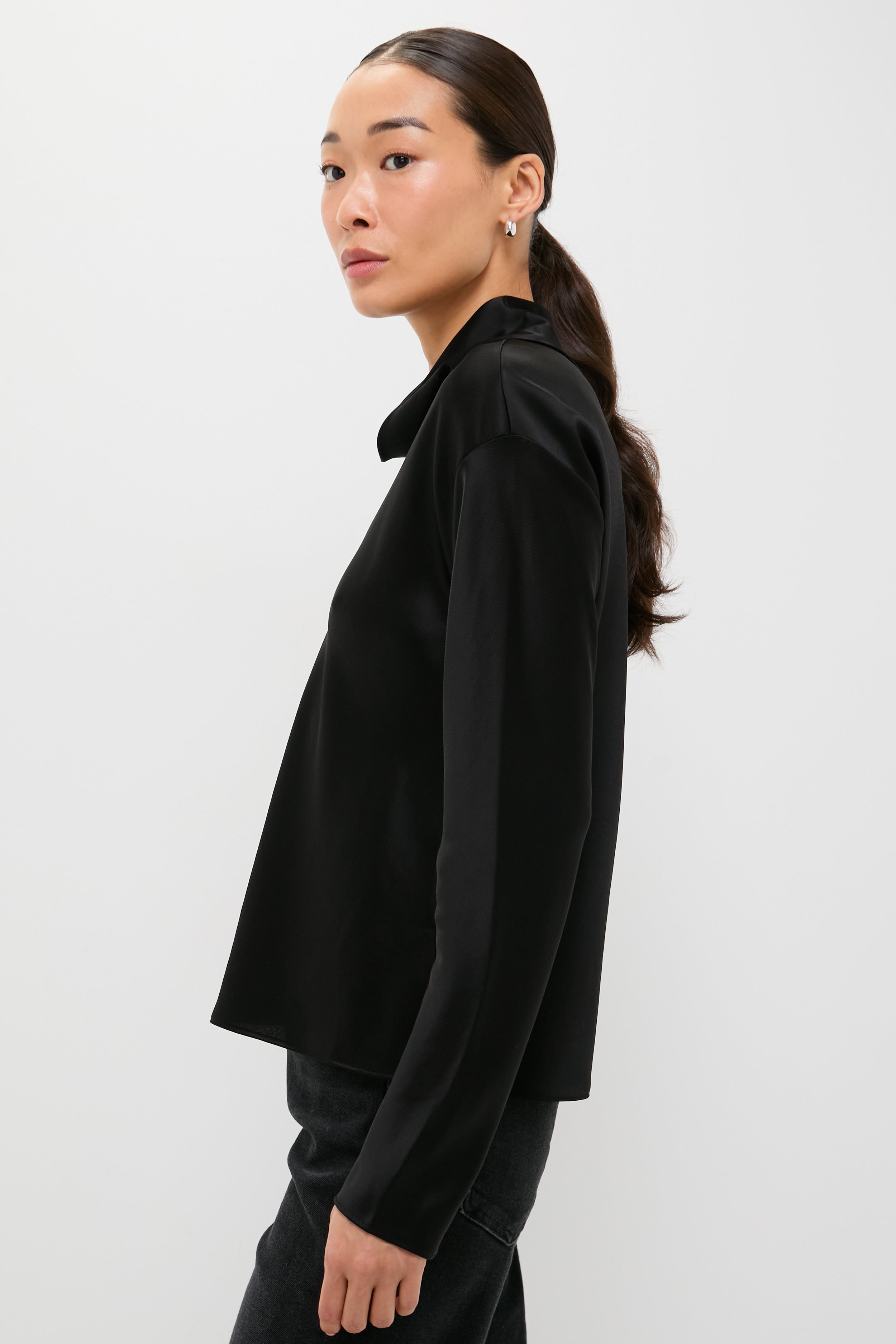 Black Barb Long Sleeve Cowl Neck Shirt-Get Girly