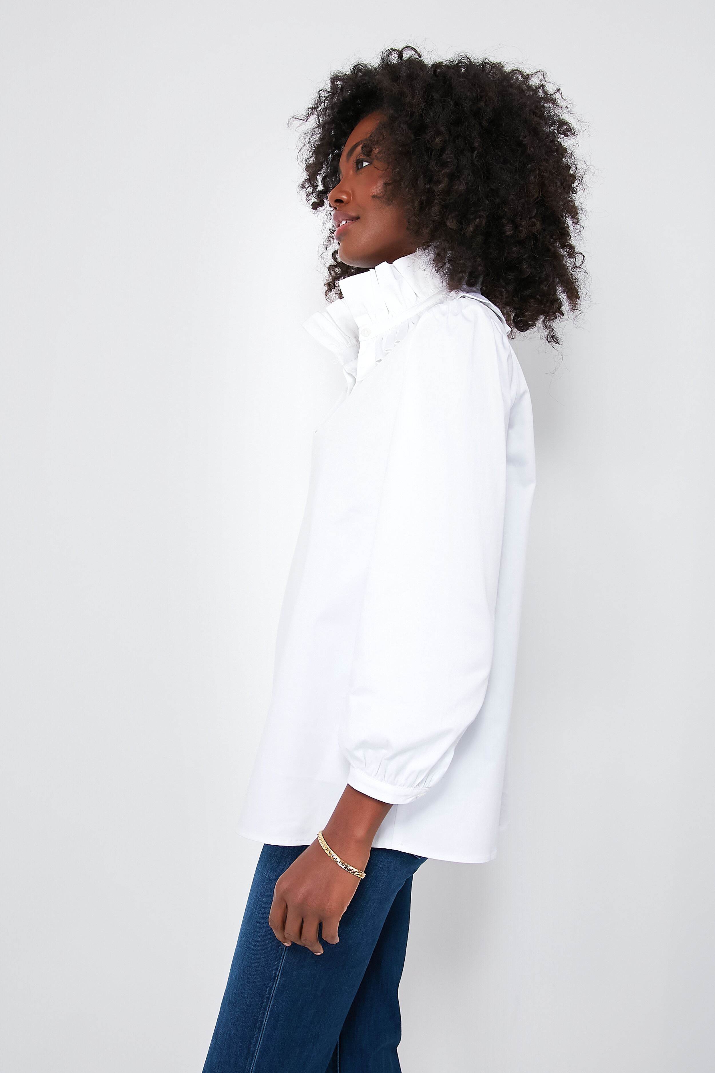 White Stretch Poplin Ruffle Neck Bouvier Blouse-Get Girly