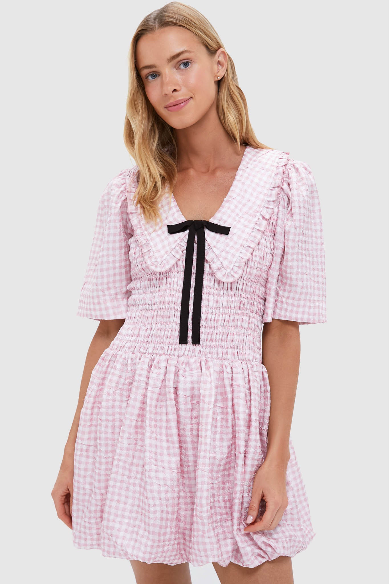 Bleached Mauve Shibori Pleat Mini Smock Bubble Dress-Get Girly