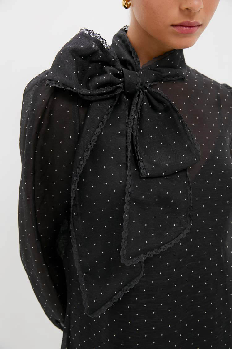 Black Dot Dream Pussybow Mini Dress-Get Girly