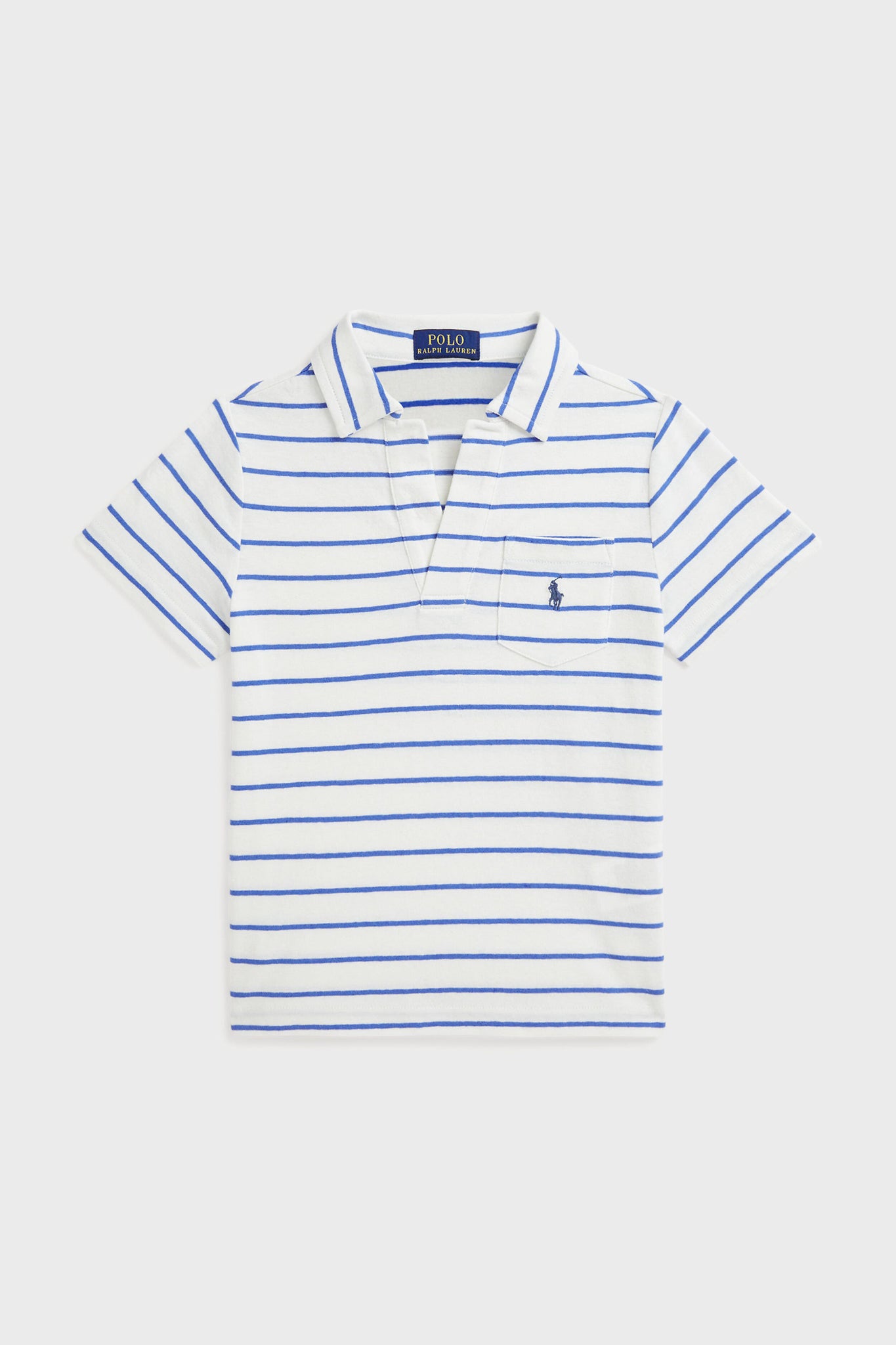 Little Boys White Short-Sleeve Cotton Linen Jersey Striped Johnny Collar Polo-Get Girly