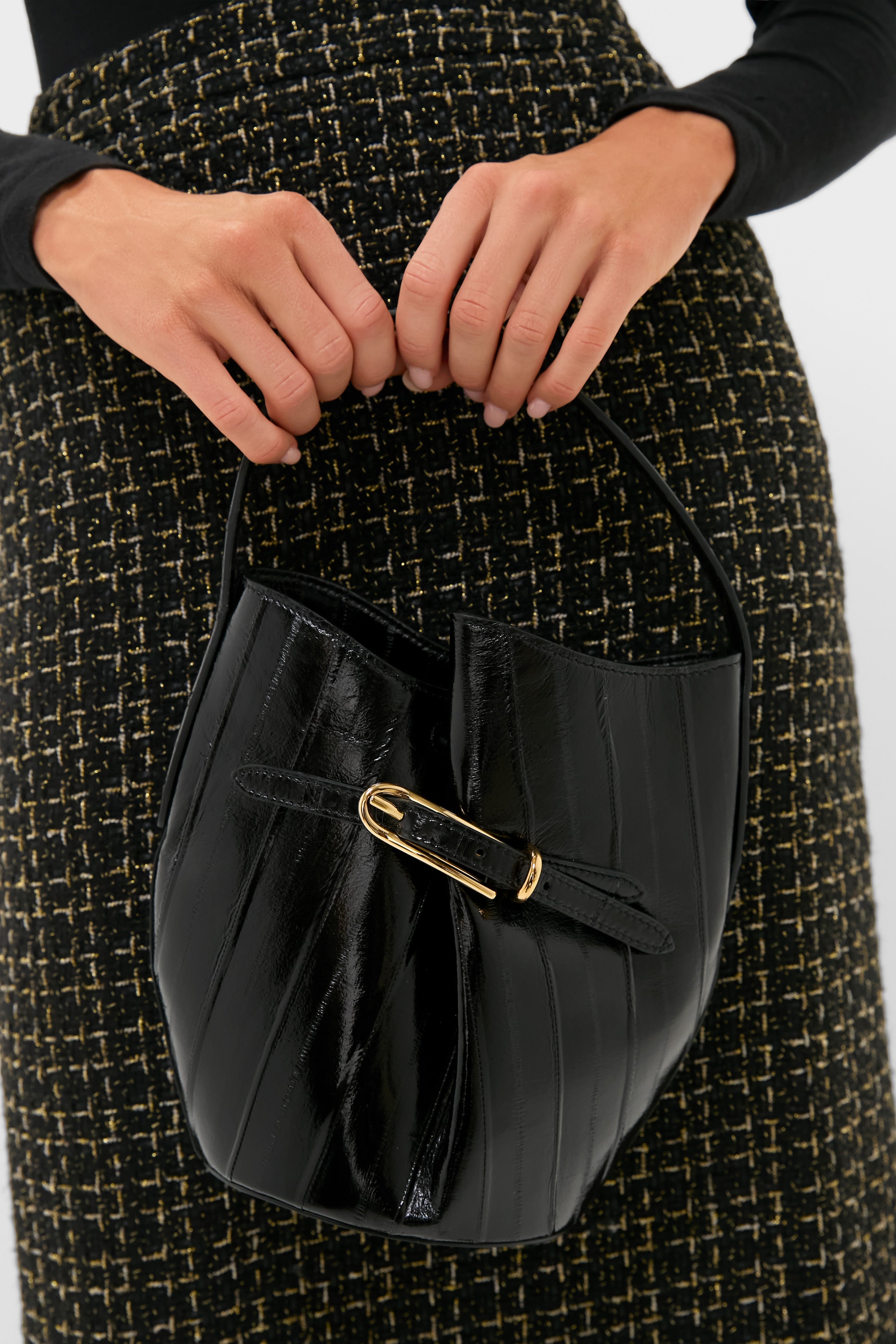 Black Eel Skin Mini Belted Bucket Bag-Get Girly