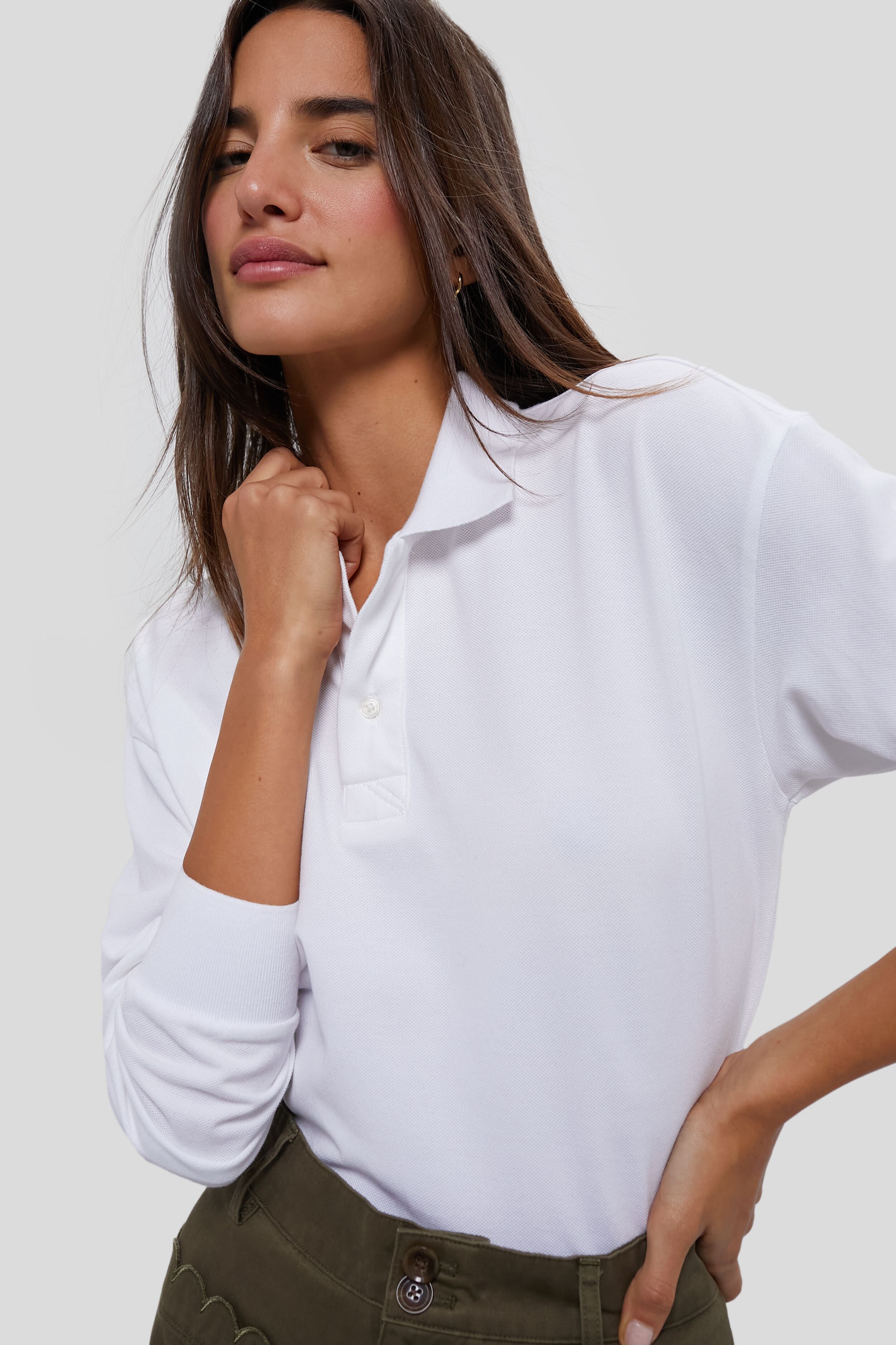 White Long Sleeve Pique Holmes Boyfriend Polo-Get Girly