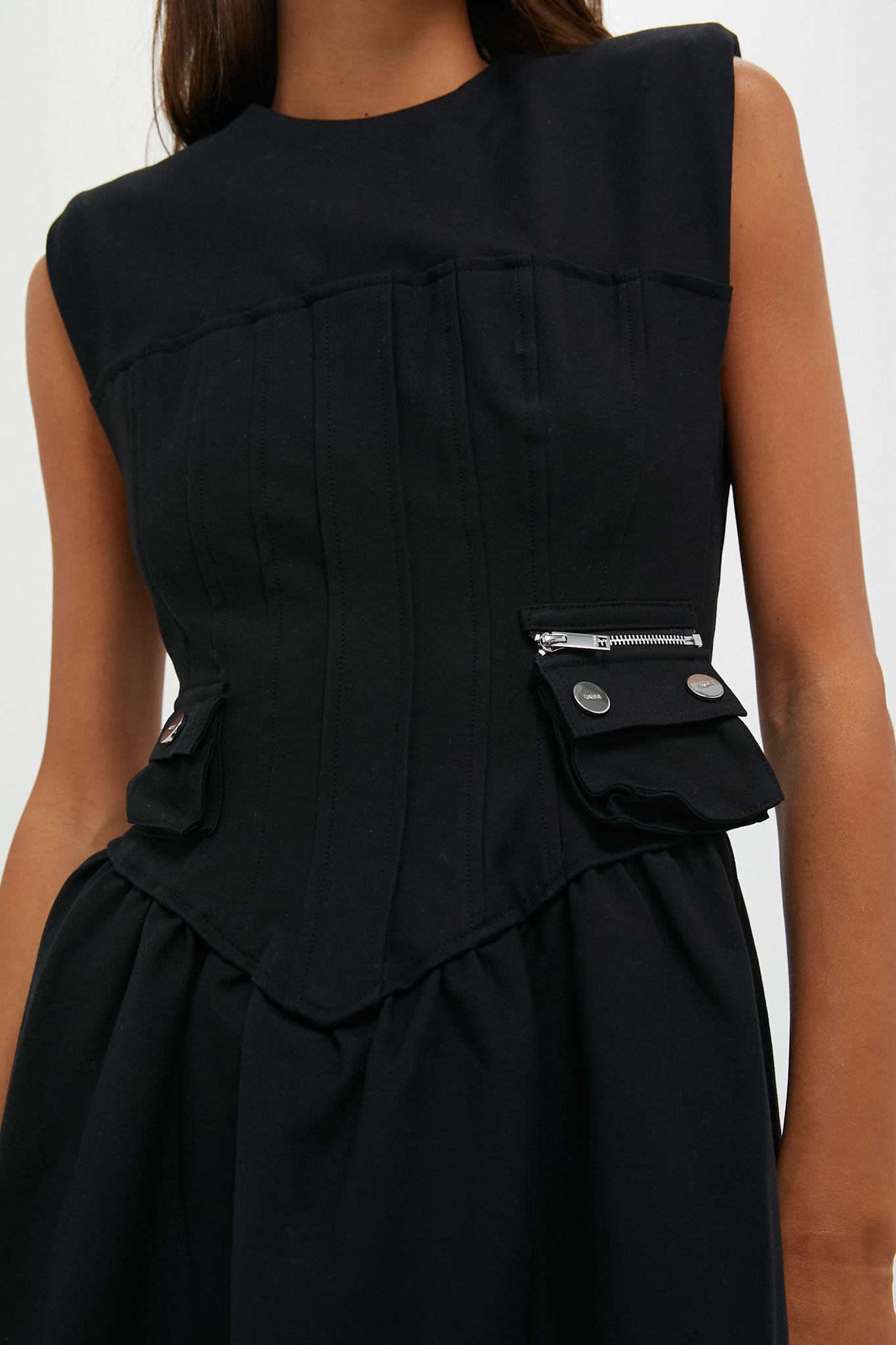 Black Heavy Cotton Tailoring Corset Midi Dress-Get Girly