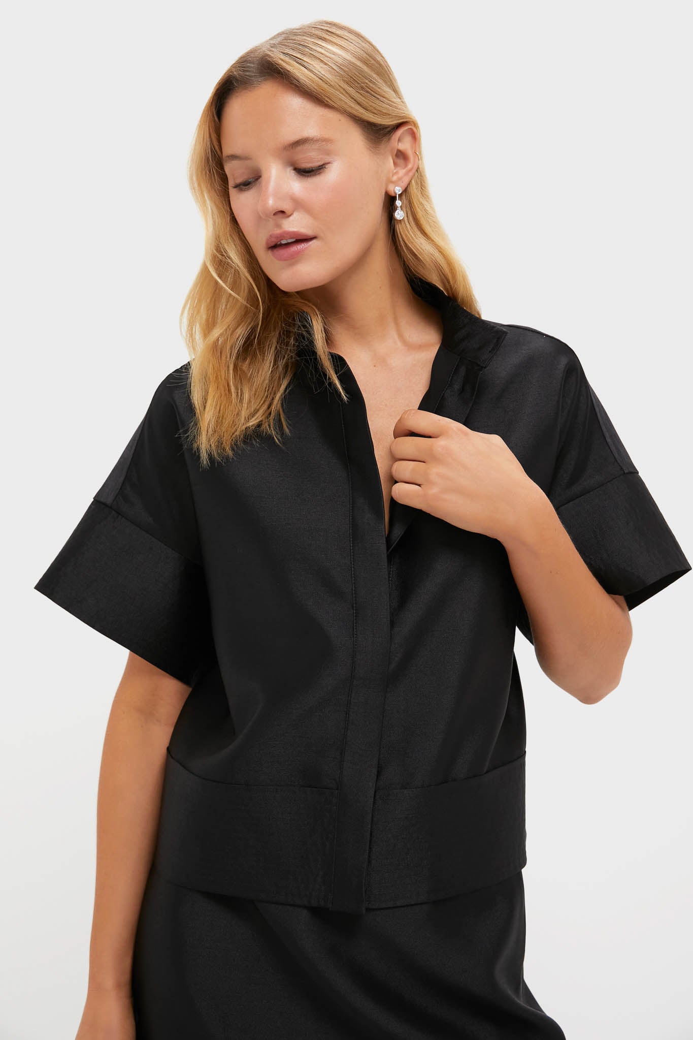 Black Dupioni Trapunto Stitch Sofia Shirt-Get Girly