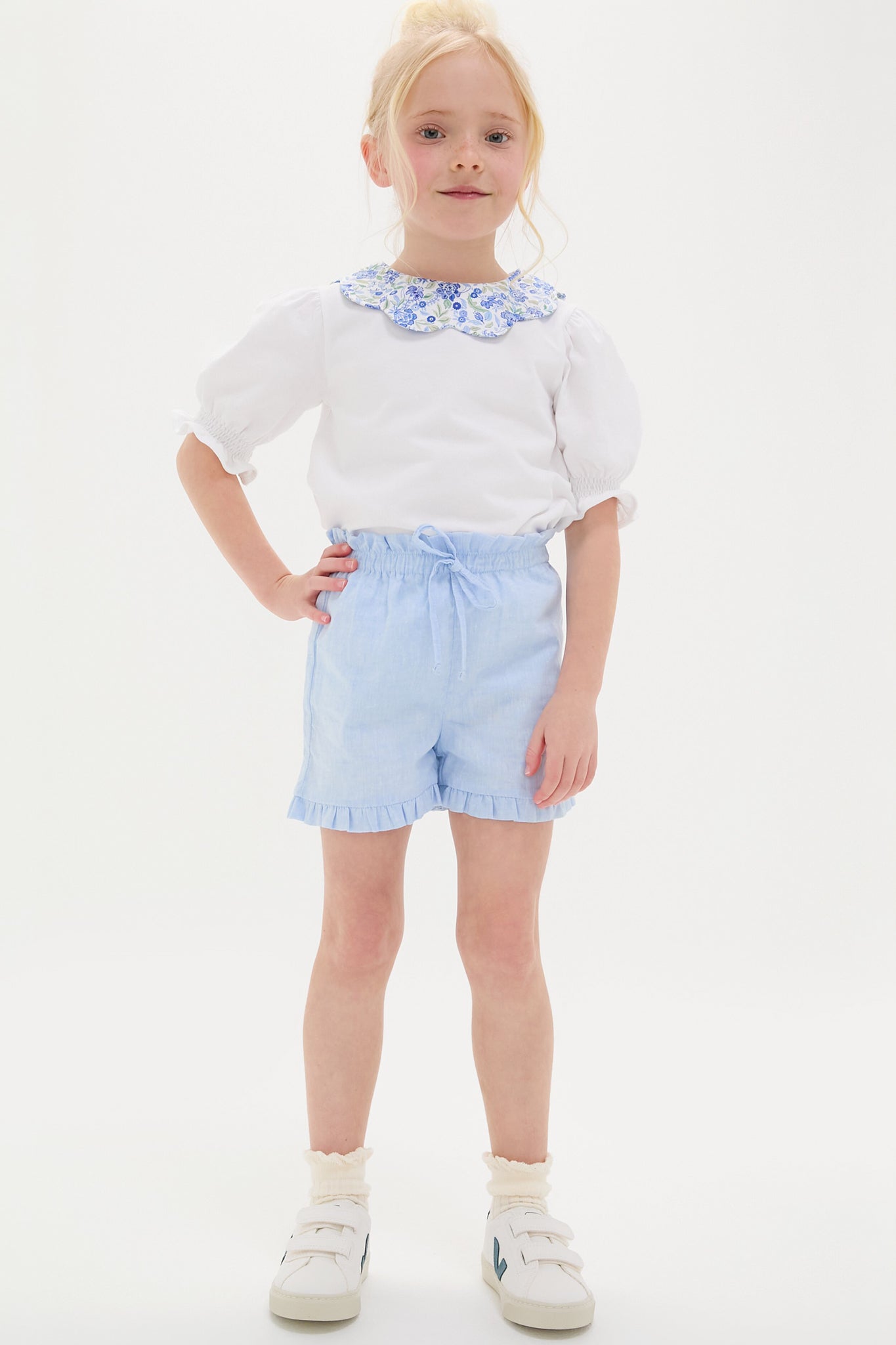 Light Blue Flores Cotton Girls Shorts-Get Girly