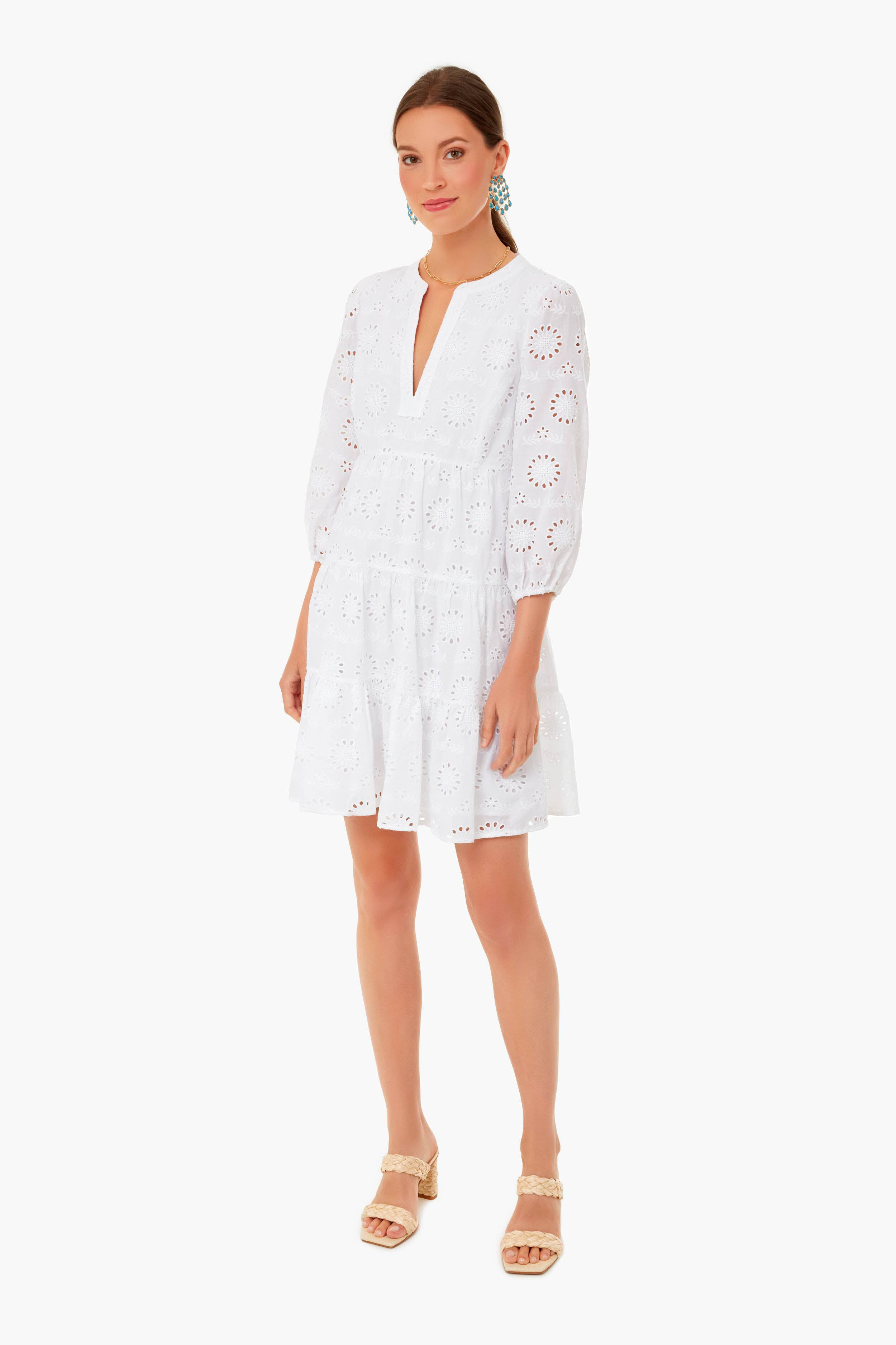 White Eyelet Long Sleeve Tunic Dress-Get Girly