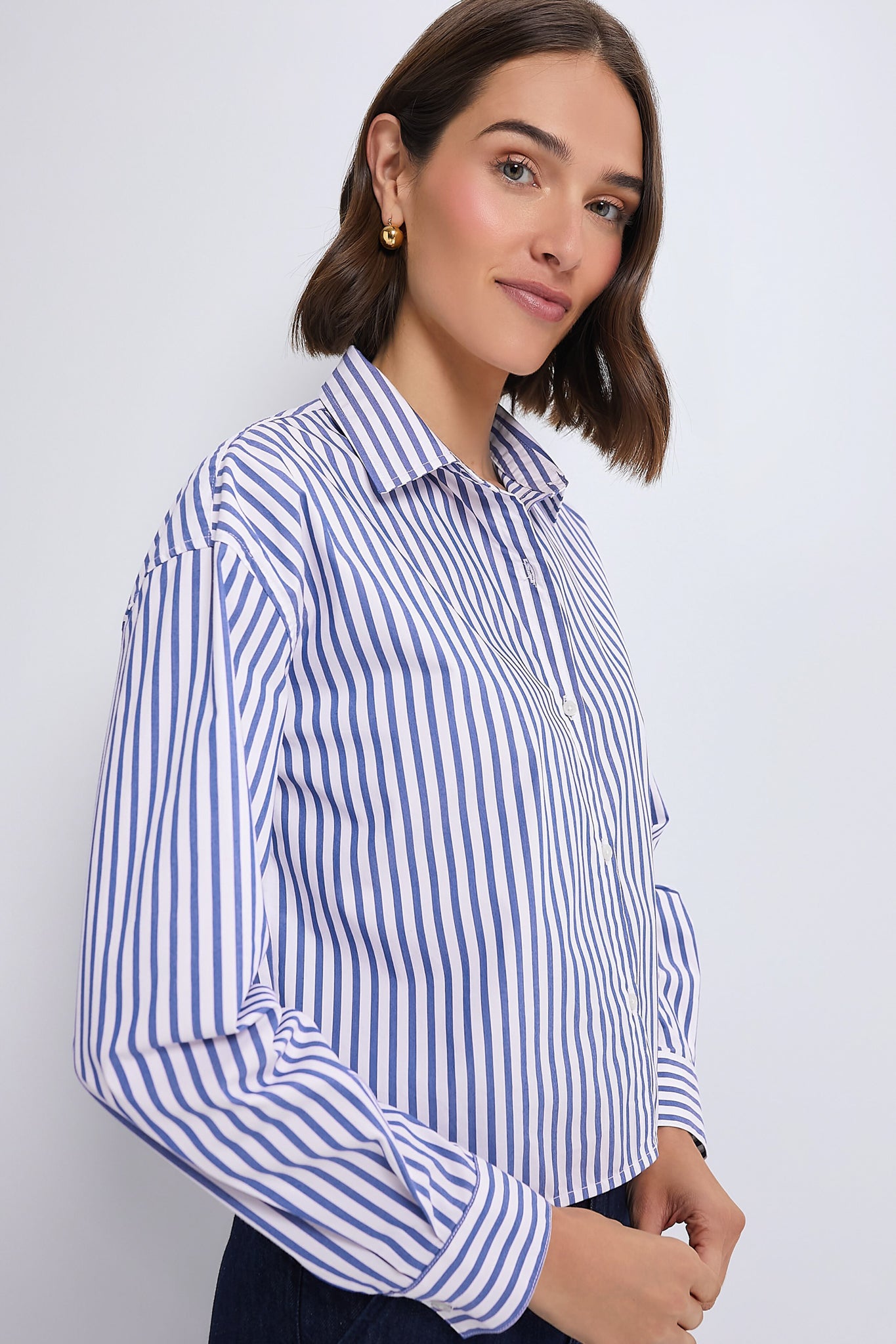 Blue Stripe Cropped Jasper Button Down-Get Girly