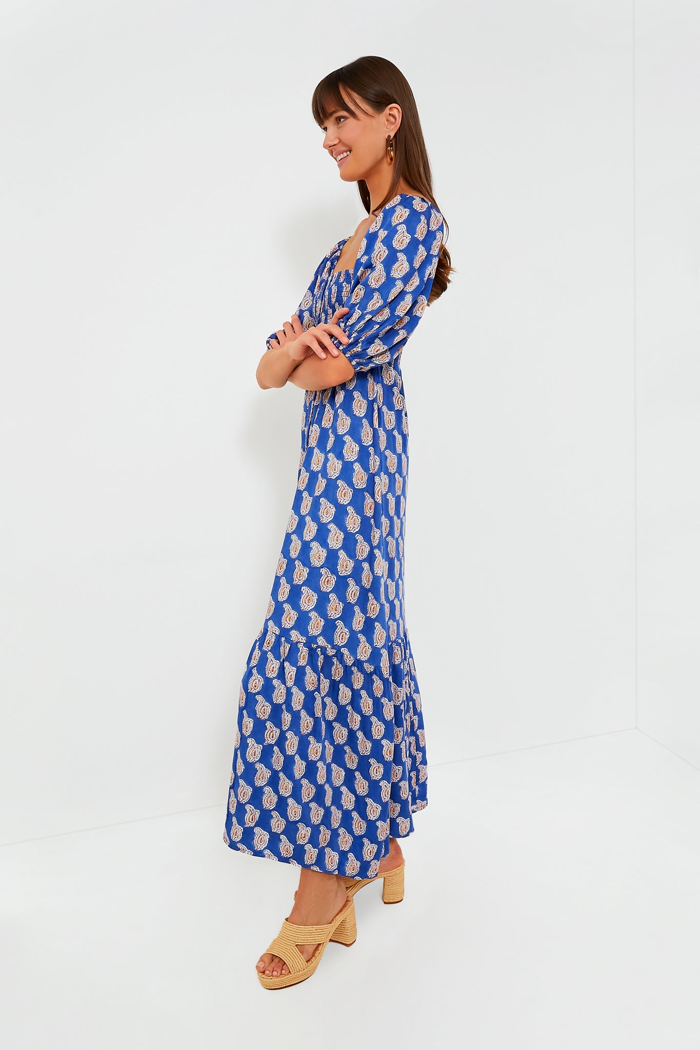 Blue Paisley Flower Satin Santiago Maxi Dress-Get Girly