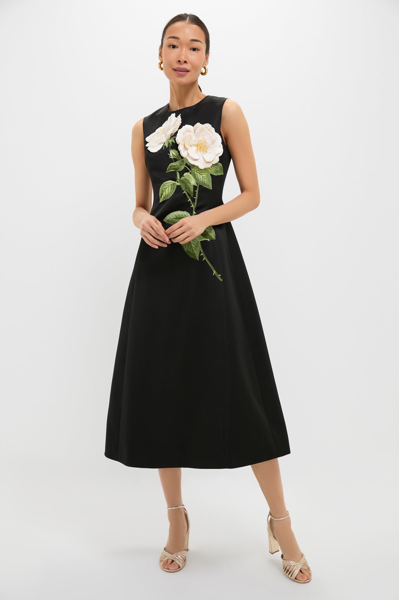 White Rose Printed Cleo Embellished Sleeveless Midi Dress-Get Girly