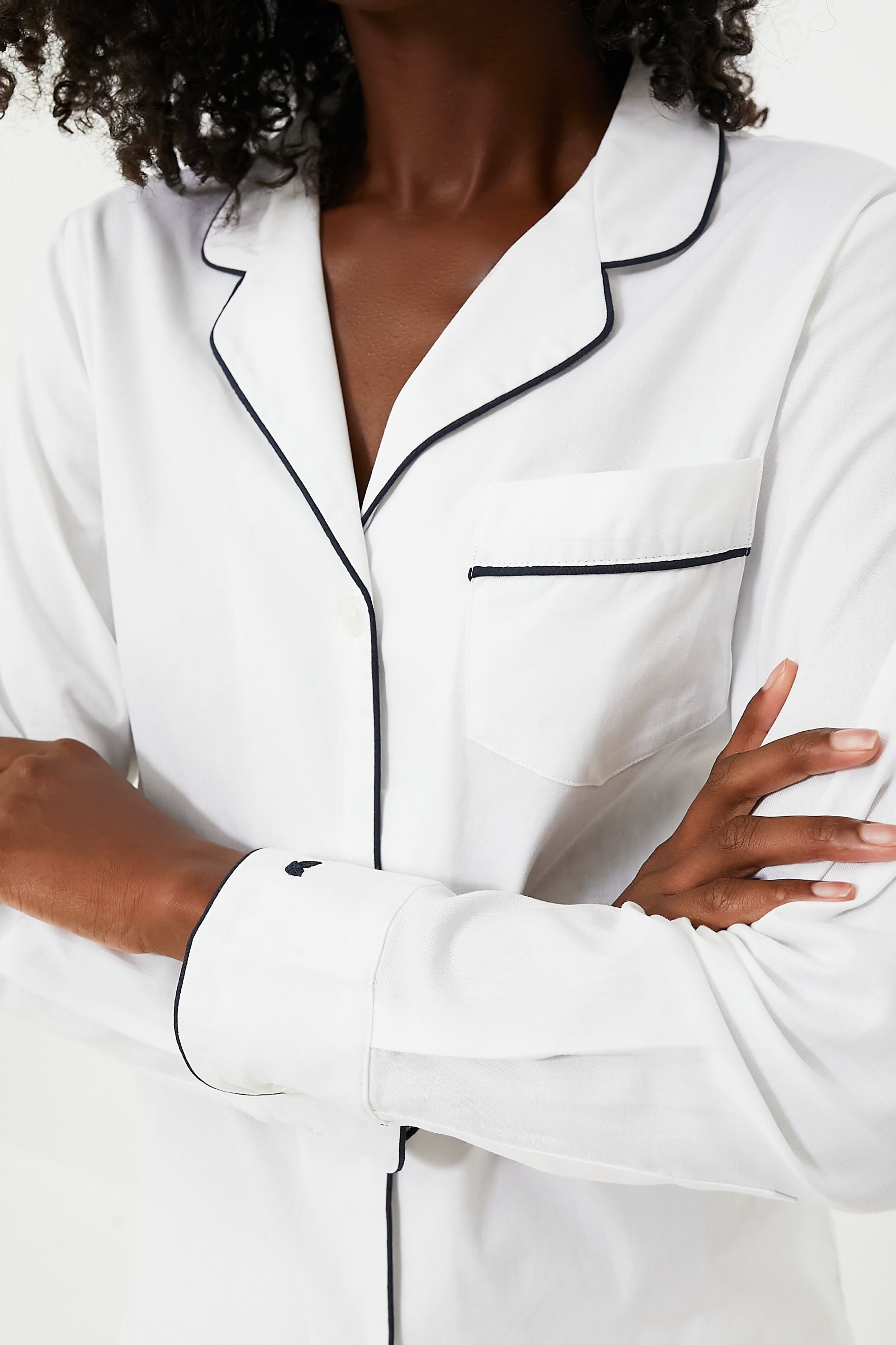 White Pajama Set with Navy Piping-Get Girly