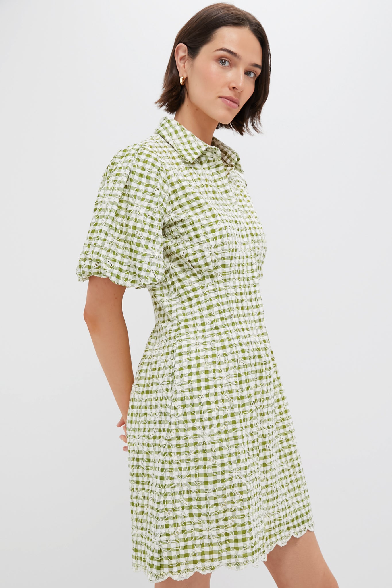 Embroidered Floral Green Gingham Mini Delaney Dress-Get Girly