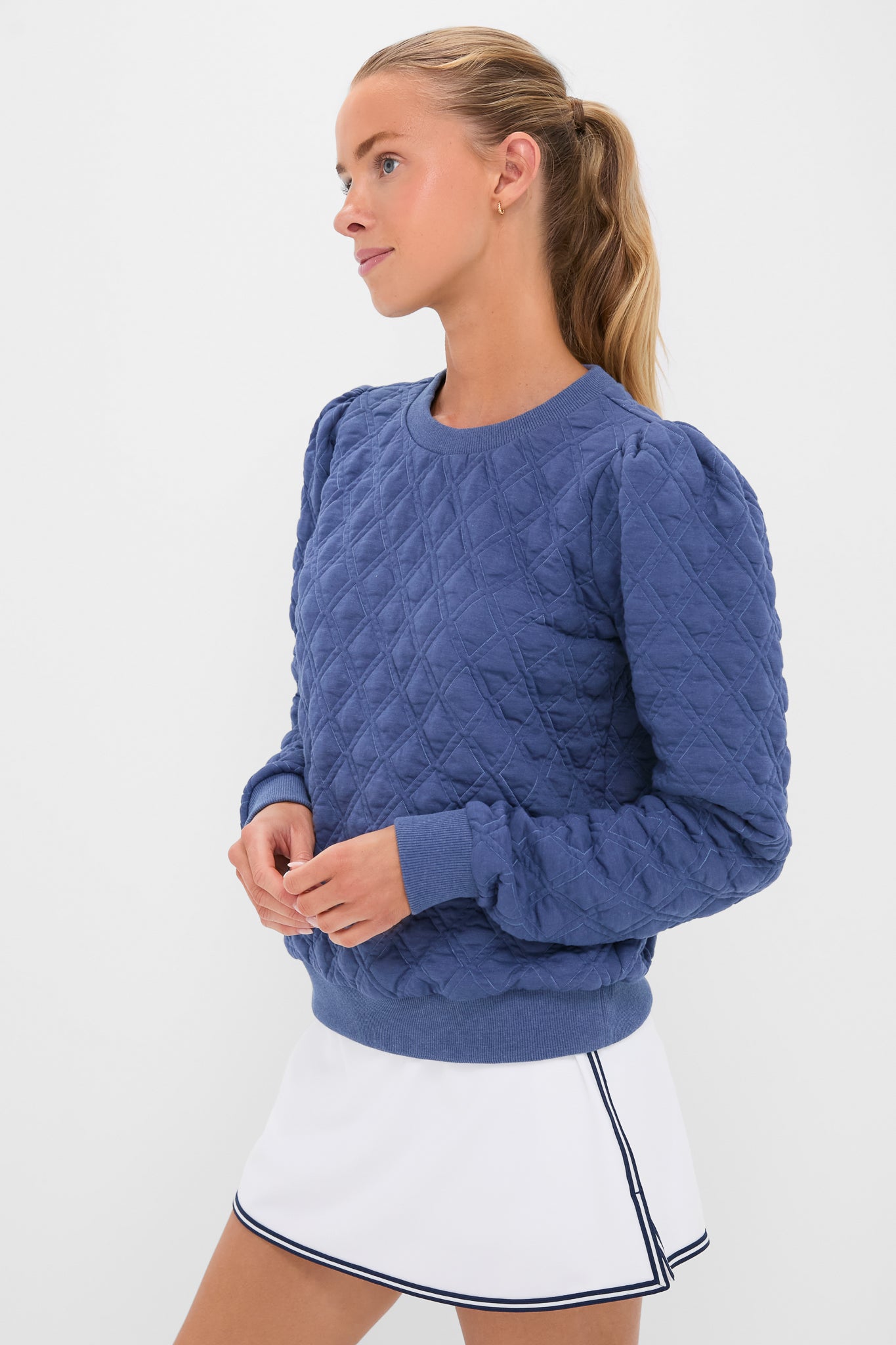 Indigo Puff Sleeve Quilted Stretch Campbell Pullover-Get Girly
