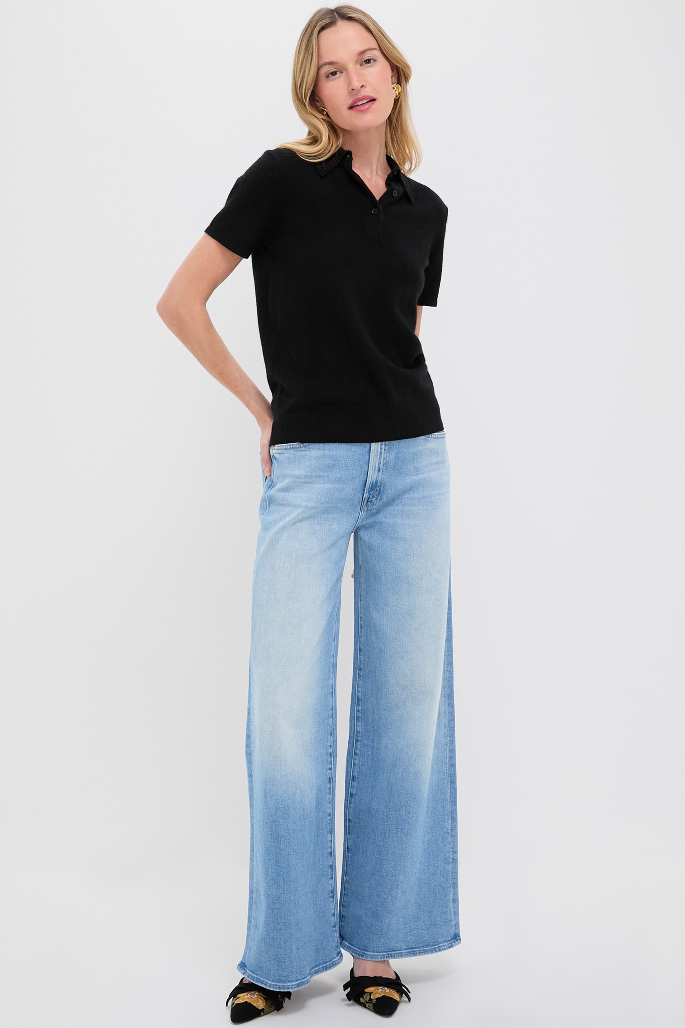 Black Cashmere Short Sleeve Polo-Get Girly